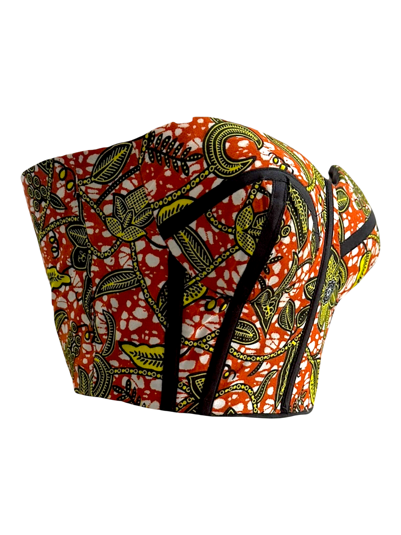 Brownie brown color Ankara sleeveless corset top in 100% cotton wax fabric with structured boning, angle view.