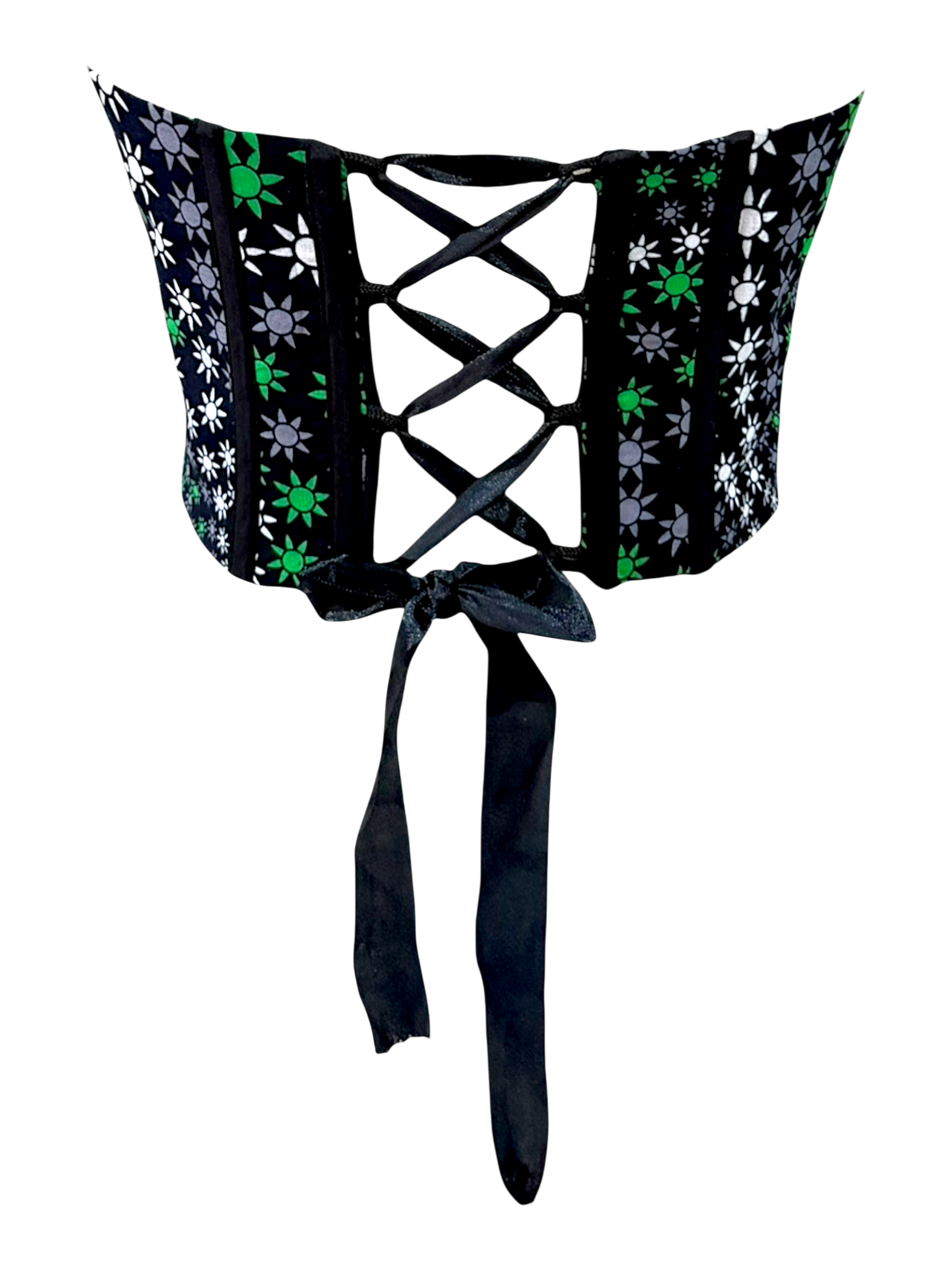 Resort Ankara green sleeveless corset top in 100% cotton wax fabric with structured boning with lace up back look, back view.