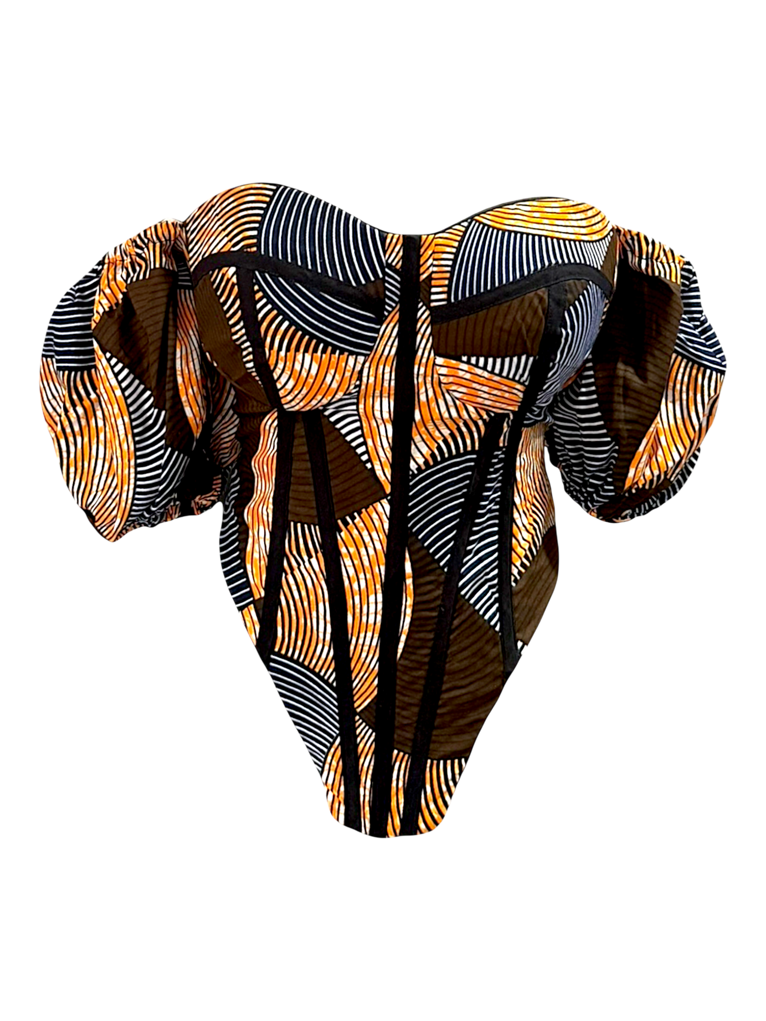 Peach Ankara corset top with sleeves in 100% cotton wax fabric with structured boning, front view, sleeves down.