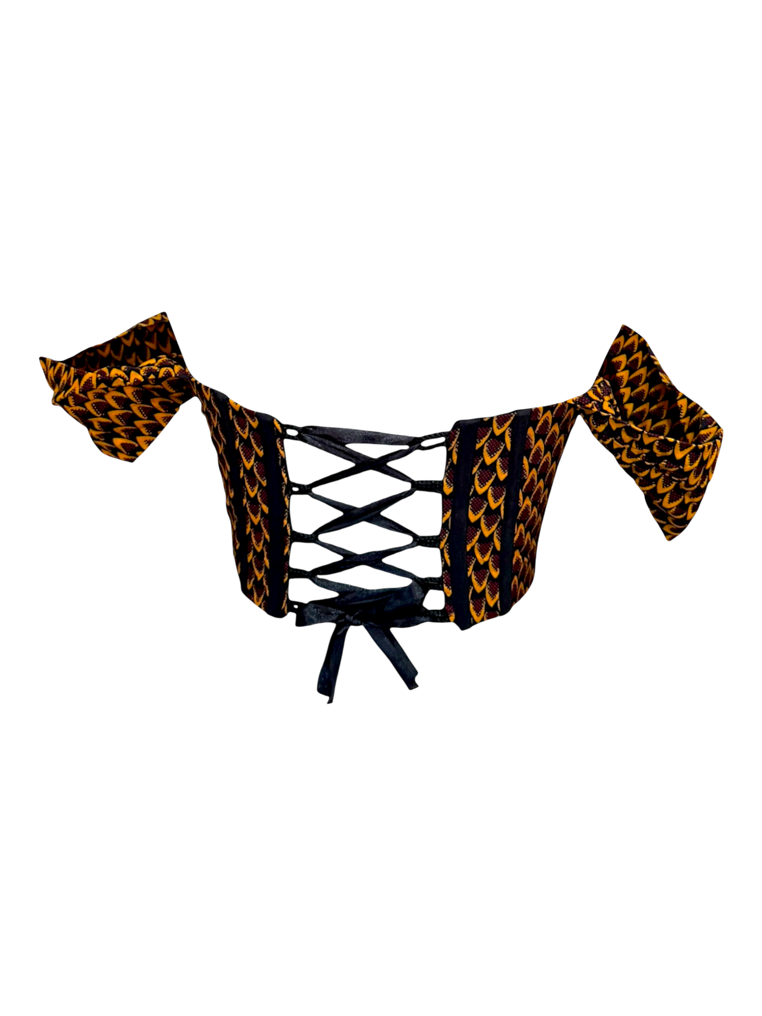 Sunflower yellow Ankara capped sleeve corset top in 100% cotton wax fabric with structured boning, back view.