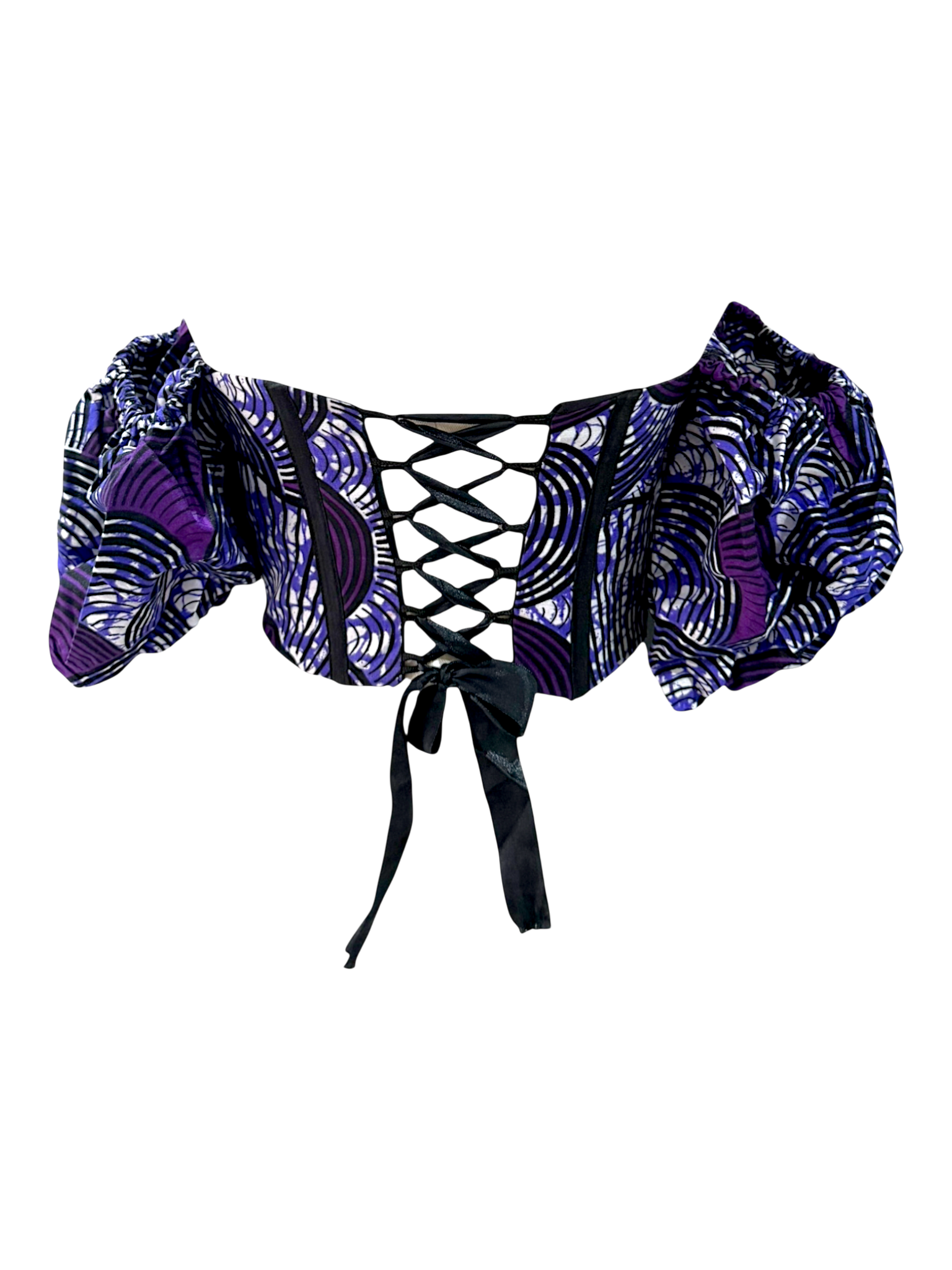 Violet purple Ankara corset top with sleeves in 100% cotton wax fabric with structured boning and lace up criss cross back with ribbon tie, back angled view.