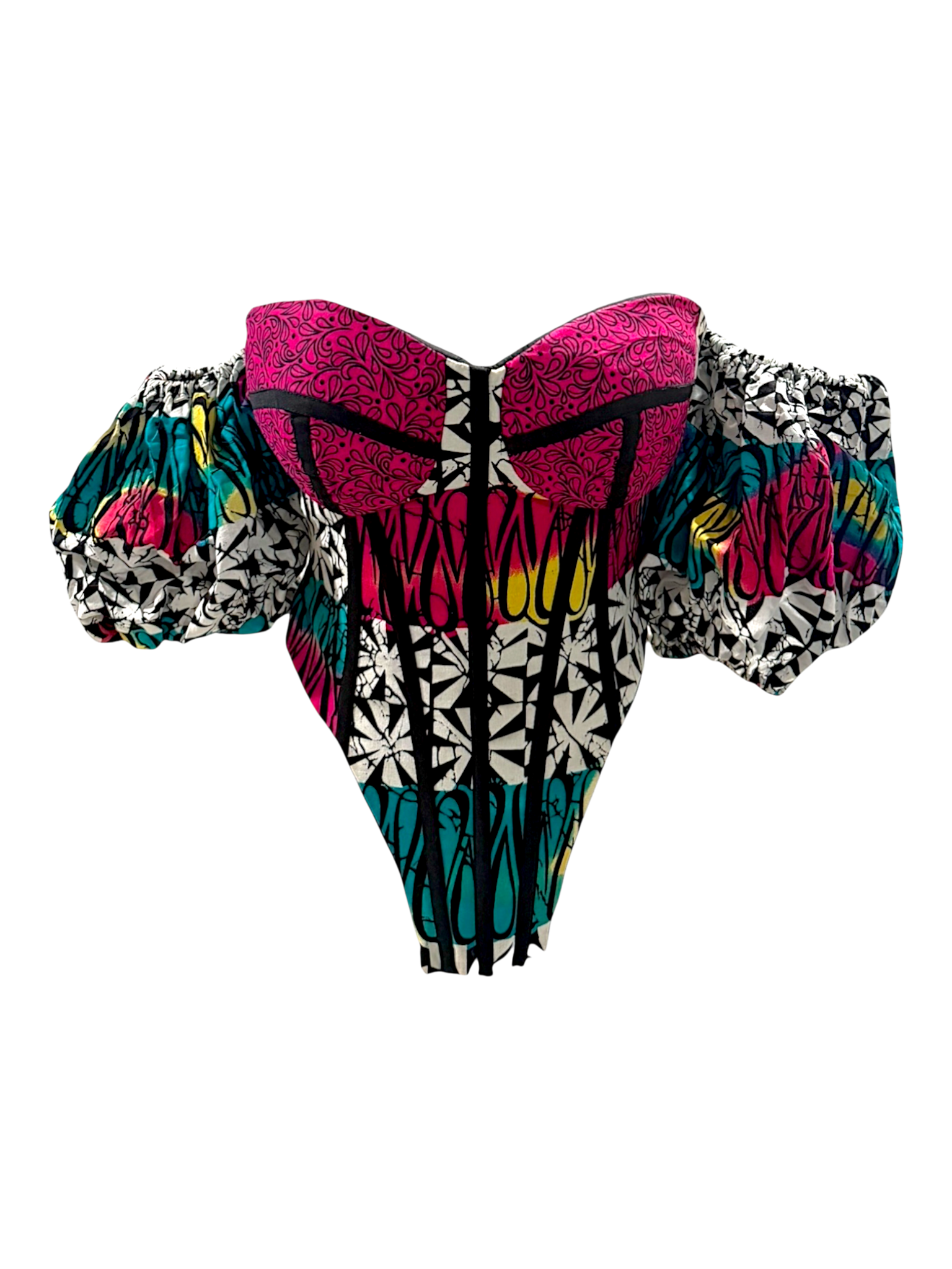 Bloom pink Ankara detachable sleeve corset top in sleeved look in 100% cotton wax fabric with structured boning, front view.