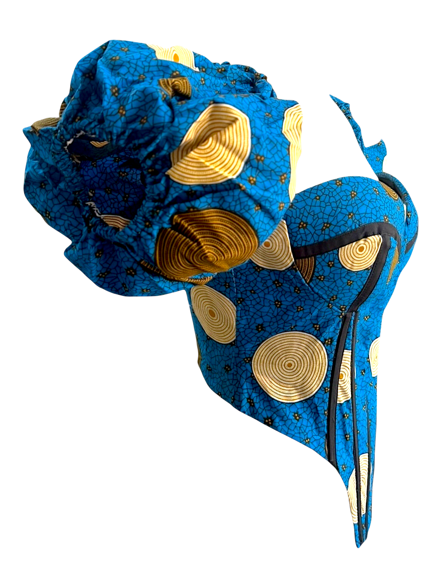 Sapphire blue Ankara corset top with sleeves in 100% cotton wax fabric with structured boning, front side view, sleeves facing down.