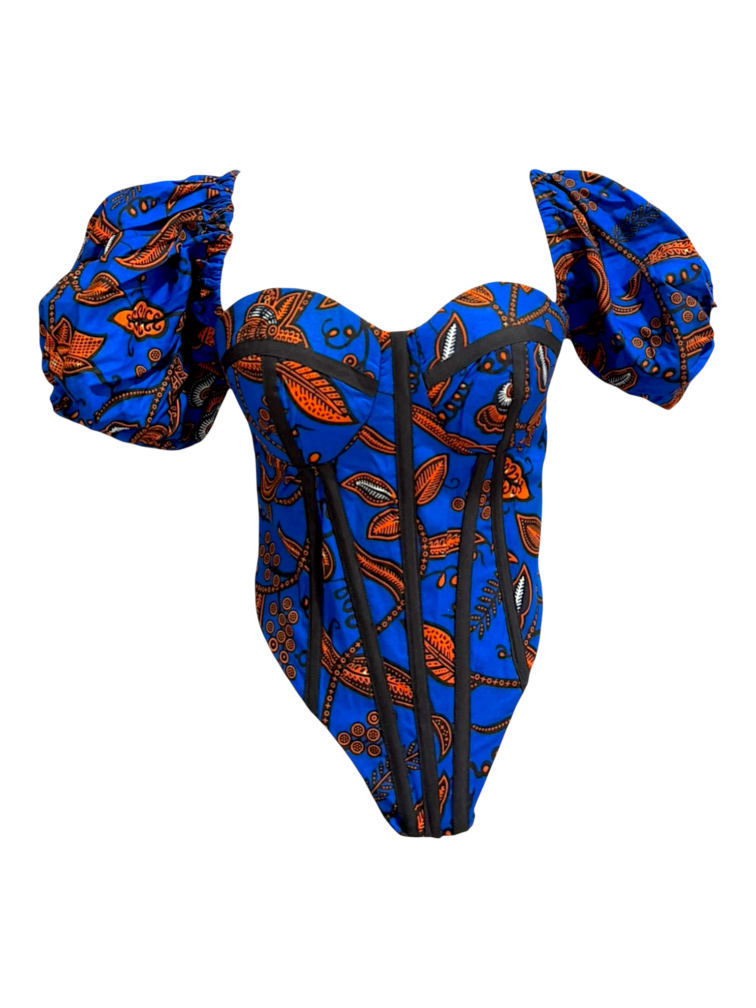 Pacific Ankara blue corset top with attached sleeves in 100% cotton wax fabric with structured boning, front view.