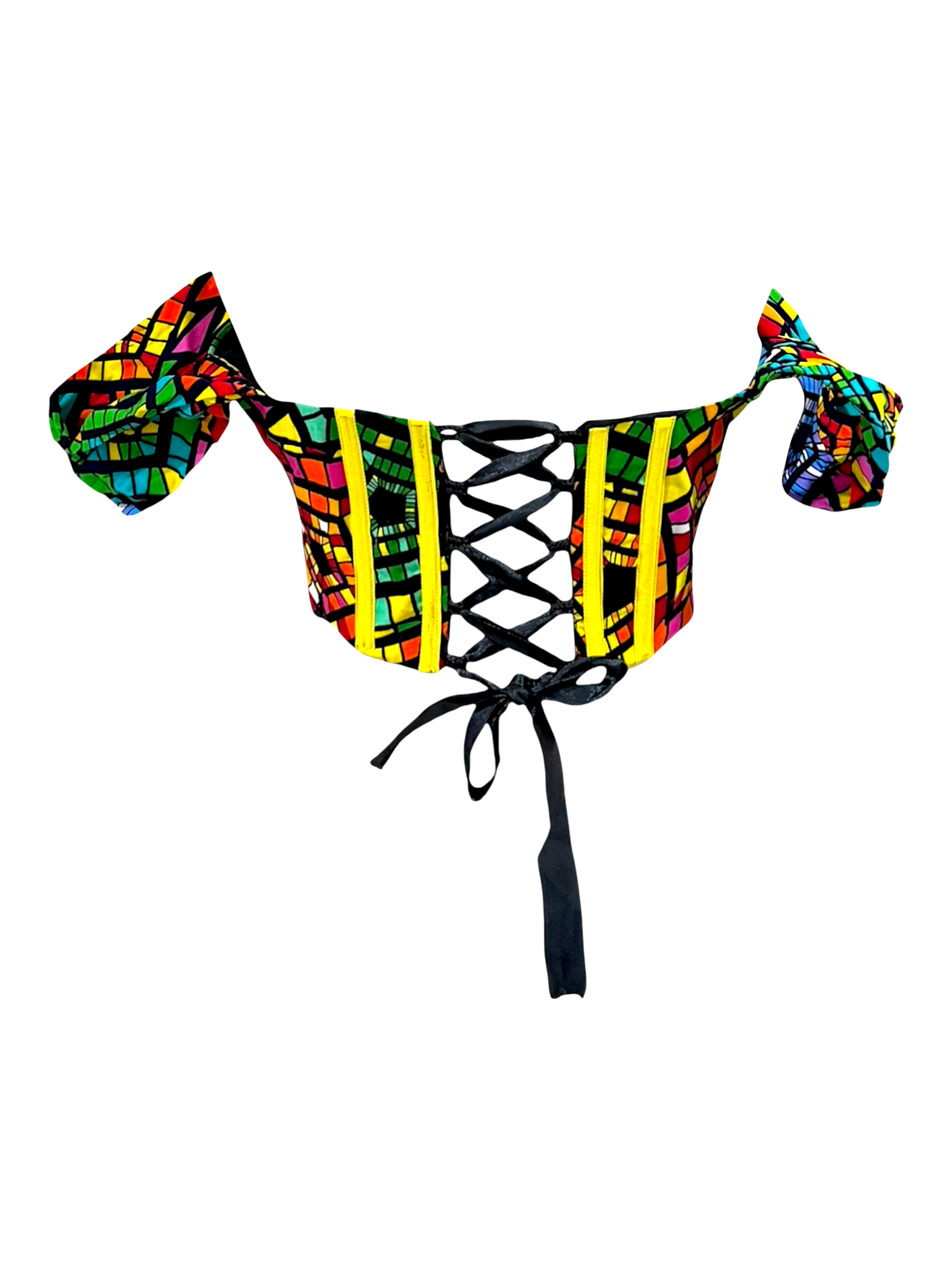 Rainbow colorful Ankara capped sleeve corset top in 100% cotton wax fabric with structured boning, lace up back, back view.