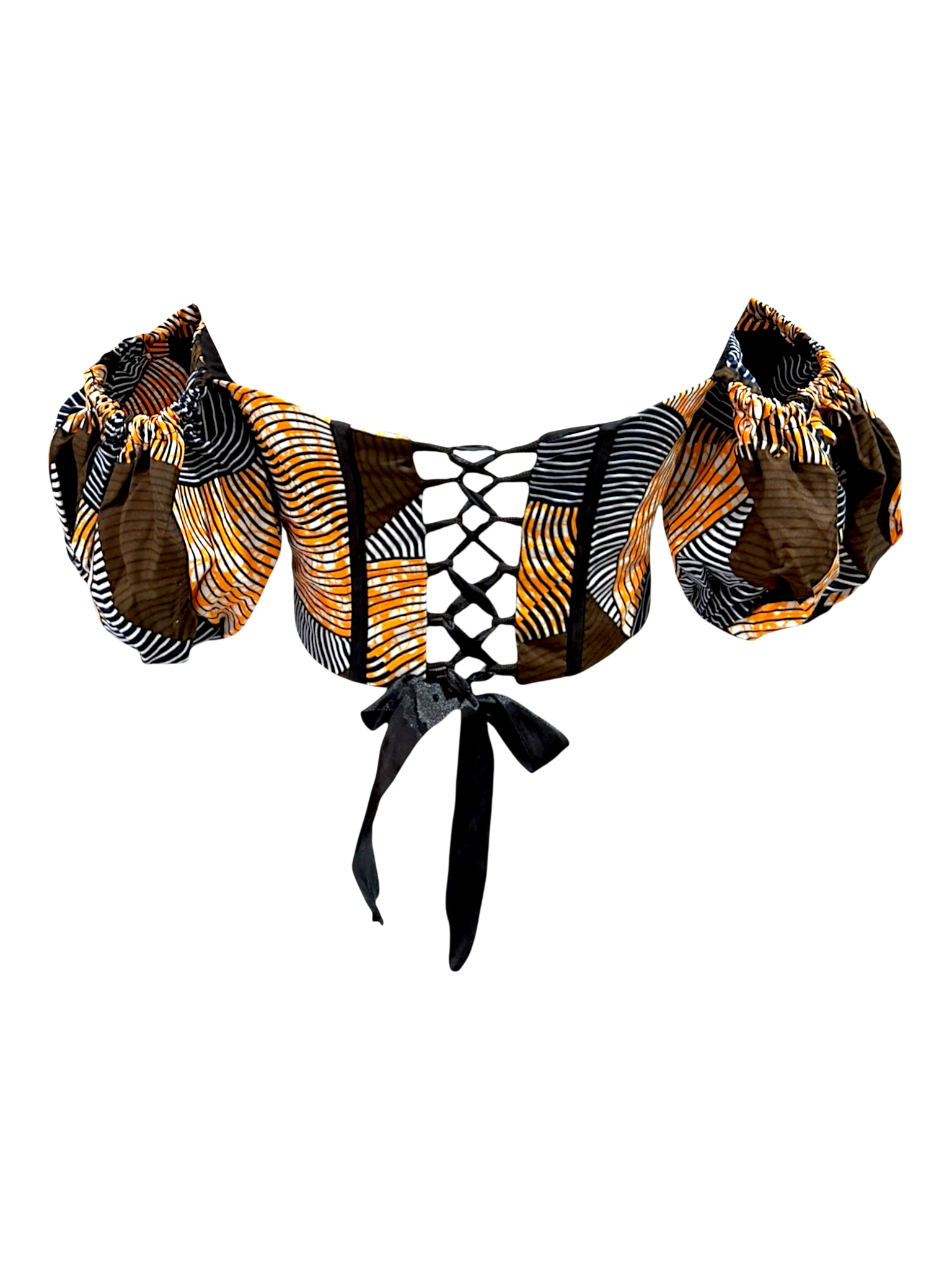 Peach Ankara corset top with sleeves in 100% cotton wax fabric with structured boning with lace up look back with ribbon tie, back view, sleeves down.