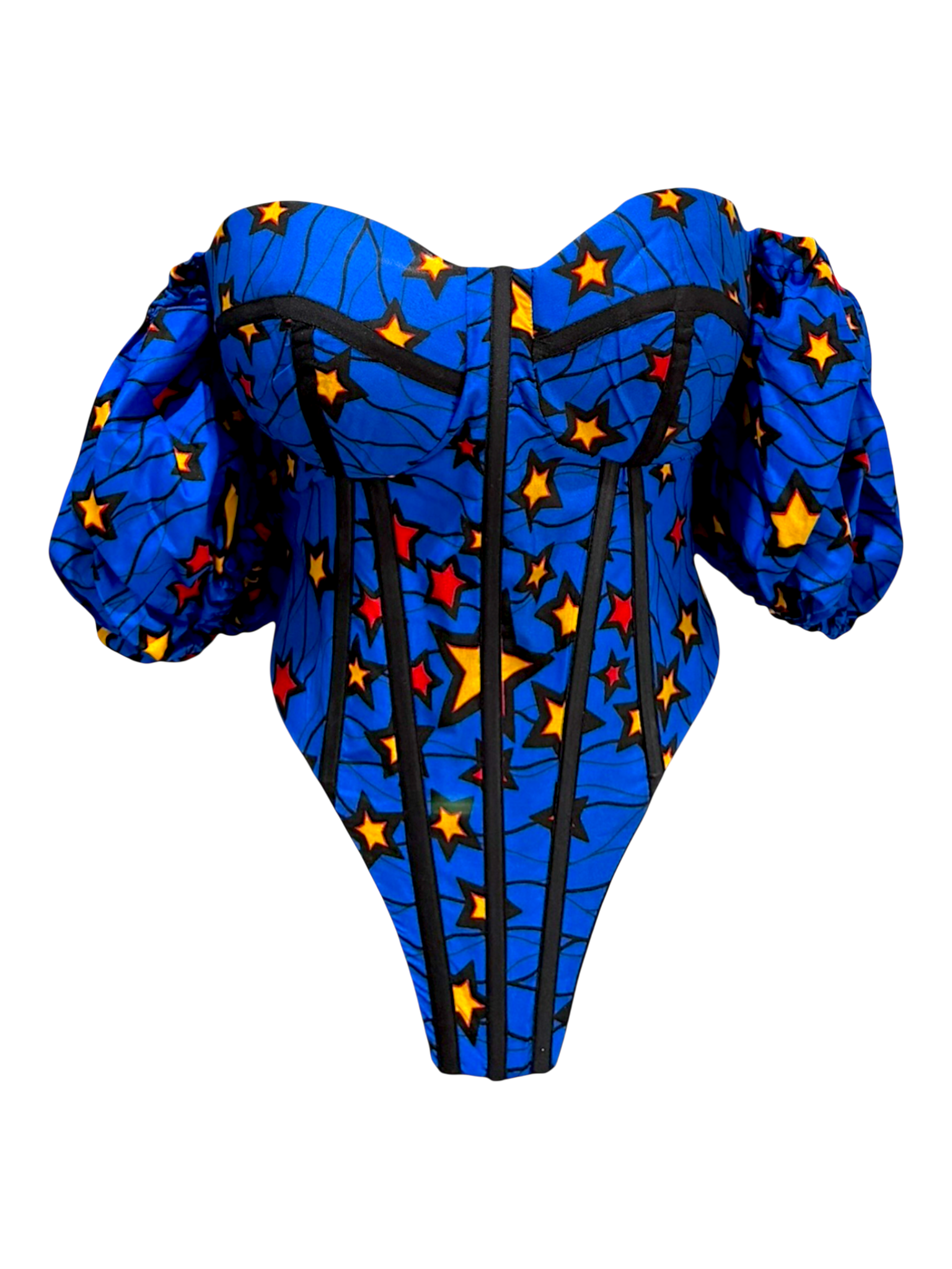 Midnight vibrant blue Ankara corset top with sleeves in 100% cotton wax fabric with structured boning, front angled view.