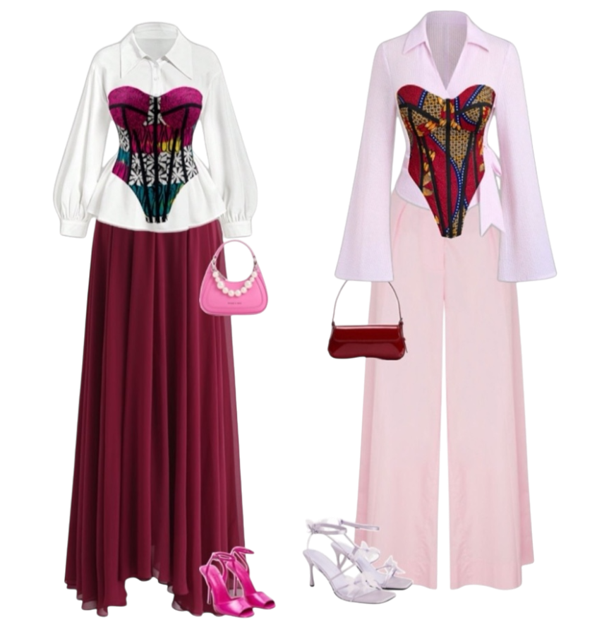 Two fashion outfits with colorful butterfly-inspired bodices. The left outfit features a white blouse with long balloon sleeves, a maroon maxi skirt, pink high heels, and a pink handbag. The right outfit has a white long-sleeve shirt, wide-leg pink pants, white high-heeled sandals, and a maroon handbag.