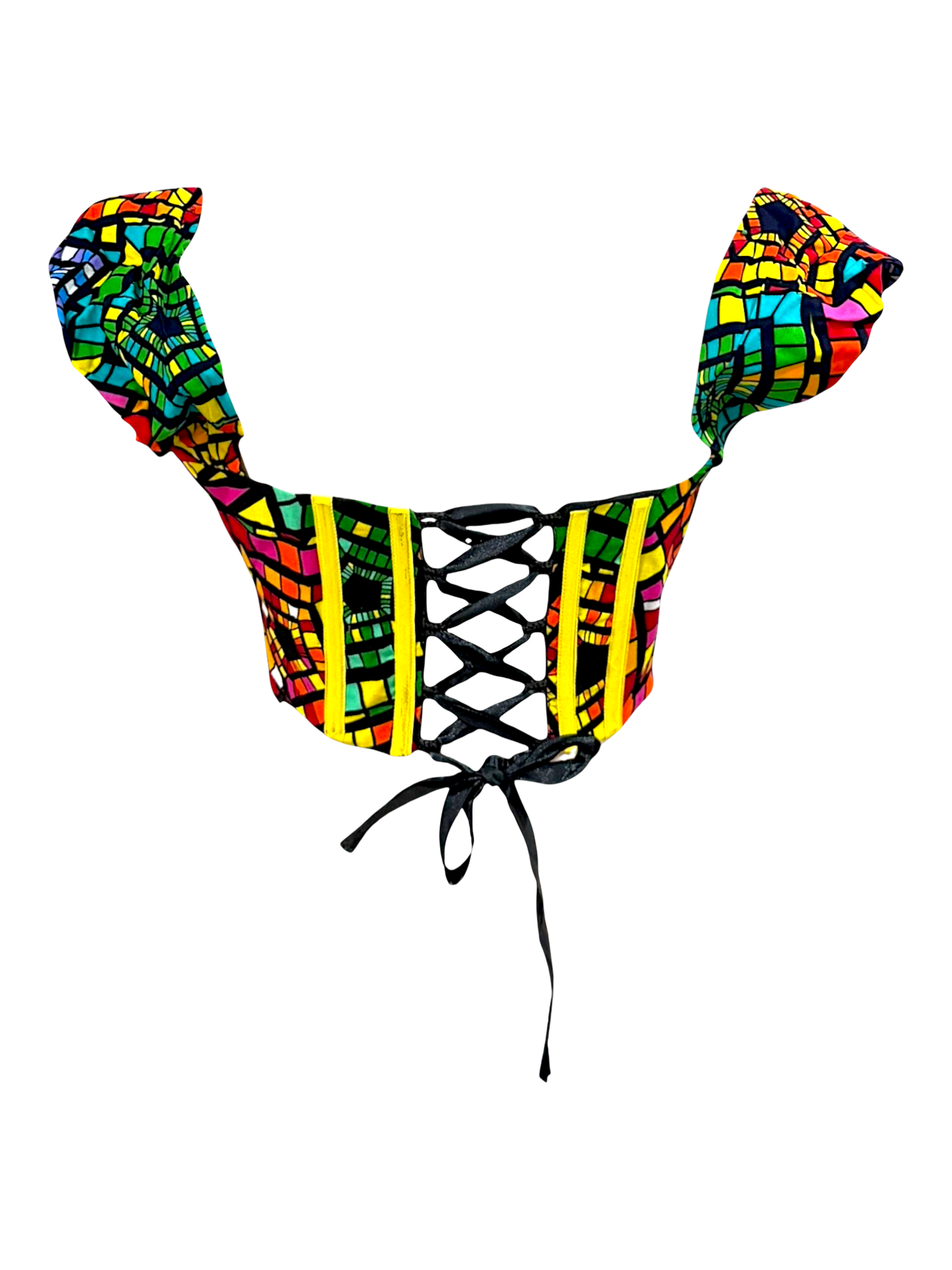 Rainbow colorful Ankara capped sleeve corset top in 100% cotton wax fabric with structured boning, lace up back, back view.