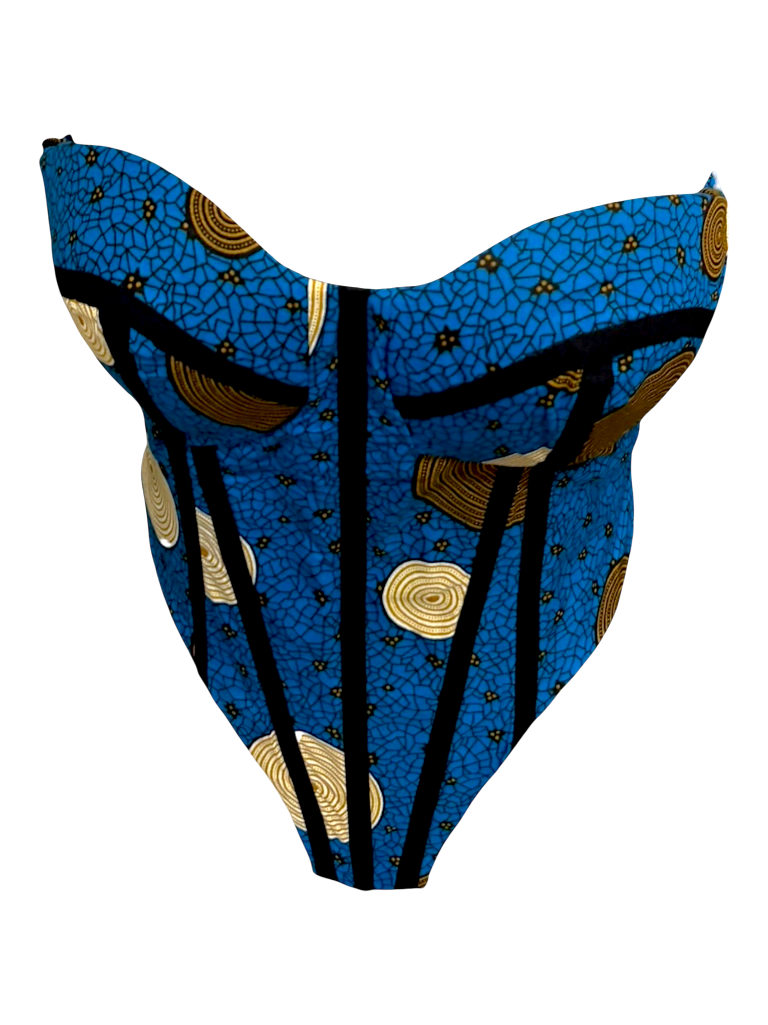 Sapphire blue Ankara corset top with sleeves tucked in for a sleeveless look in 100% cotton wax fabric with structured boning, front angled view.