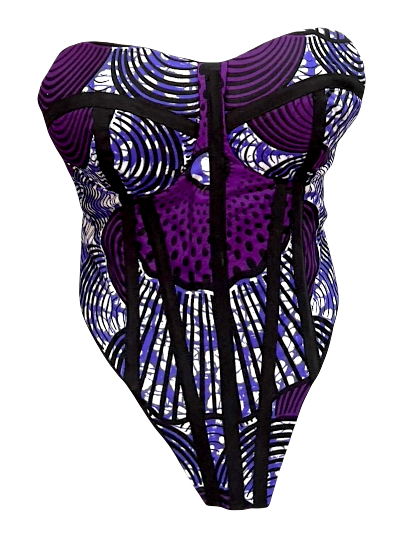 Violet purple Ankara corset top with sleeves tucked in for a sleeveless look in 100% cotton wax fabric with structured boning, front view.