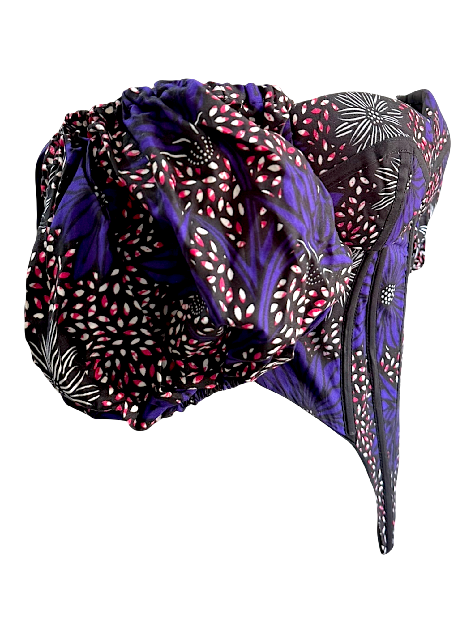Mulberry vibrant purple Ankara corset top with sleeves in 100% cotton wax fabric with structured boning, side by side view.