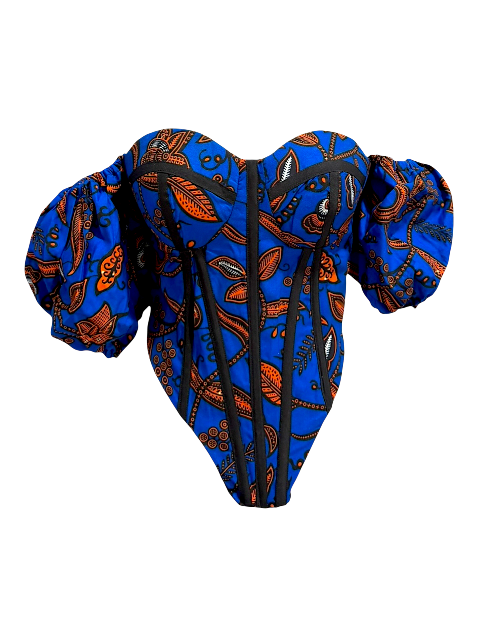 Pacific Ankara blue corset top with attached sleeves in 100% cotton wax fabric with structured boning, front angle view.