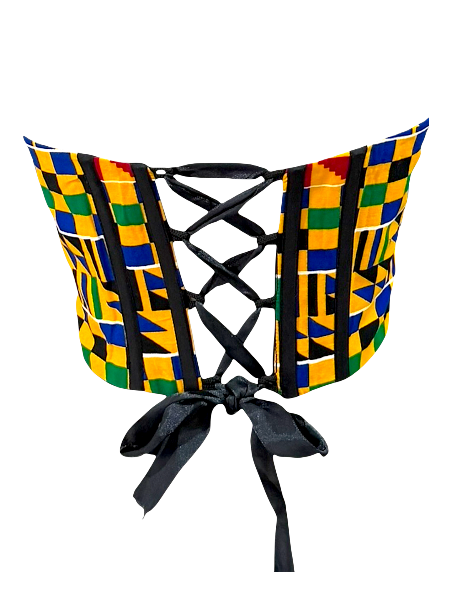 Kente colorful Ankara sleeveless corset top in 100% cotton wax fabric with structured boning, lace up back look, back view.