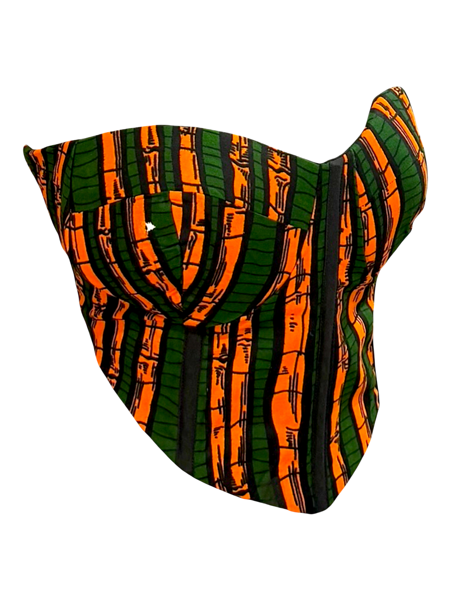 Forest green Ankara sleeveless corset top in 100% cotton wax fabric with structured boning, front angled view.