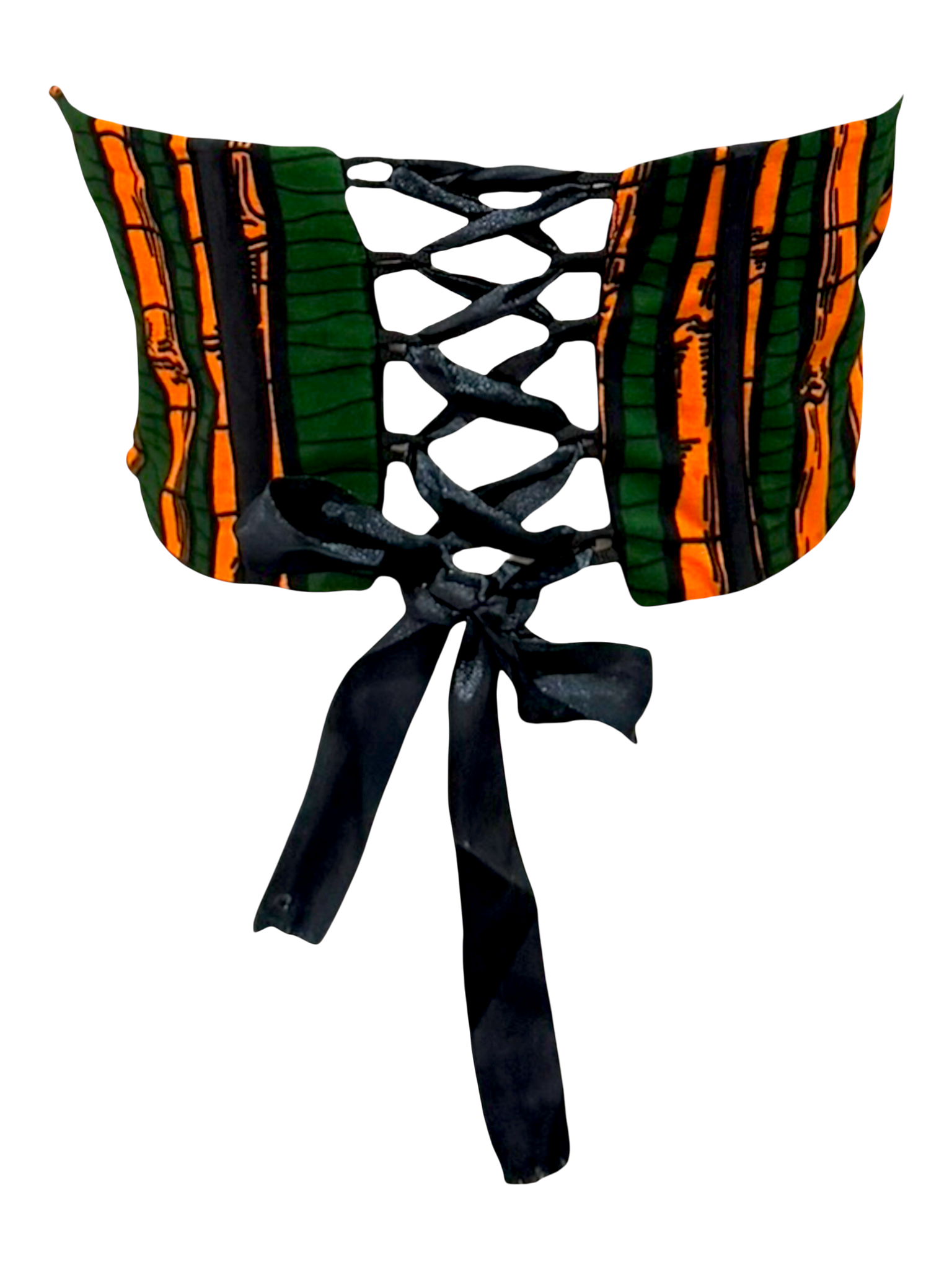 Forest green Ankara sleeveless corset top in 100% cotton wax fabric with structured boning with lace up back look, back view.