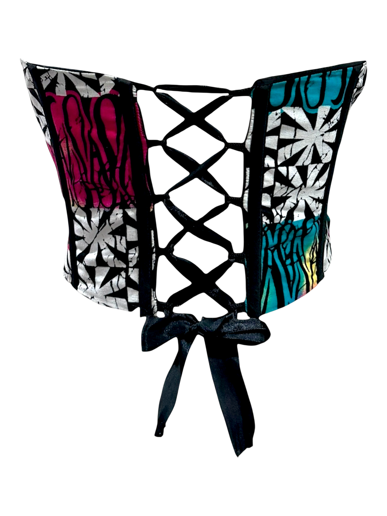 Bloom pink Ankara detachable sleeve corset top in sleeveless look in 100% cotton wax fabric with structured boning with lace up back look with ribbon tie, closer back view.