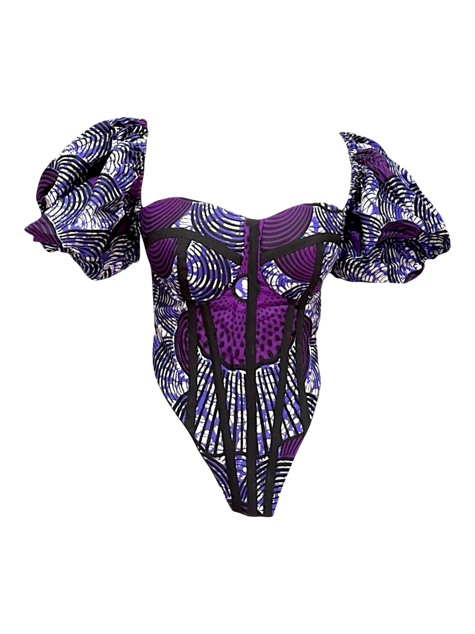 Violet purple Ankara corset top with sleeves in 100% cotton wax fabric with structured boning, front view.