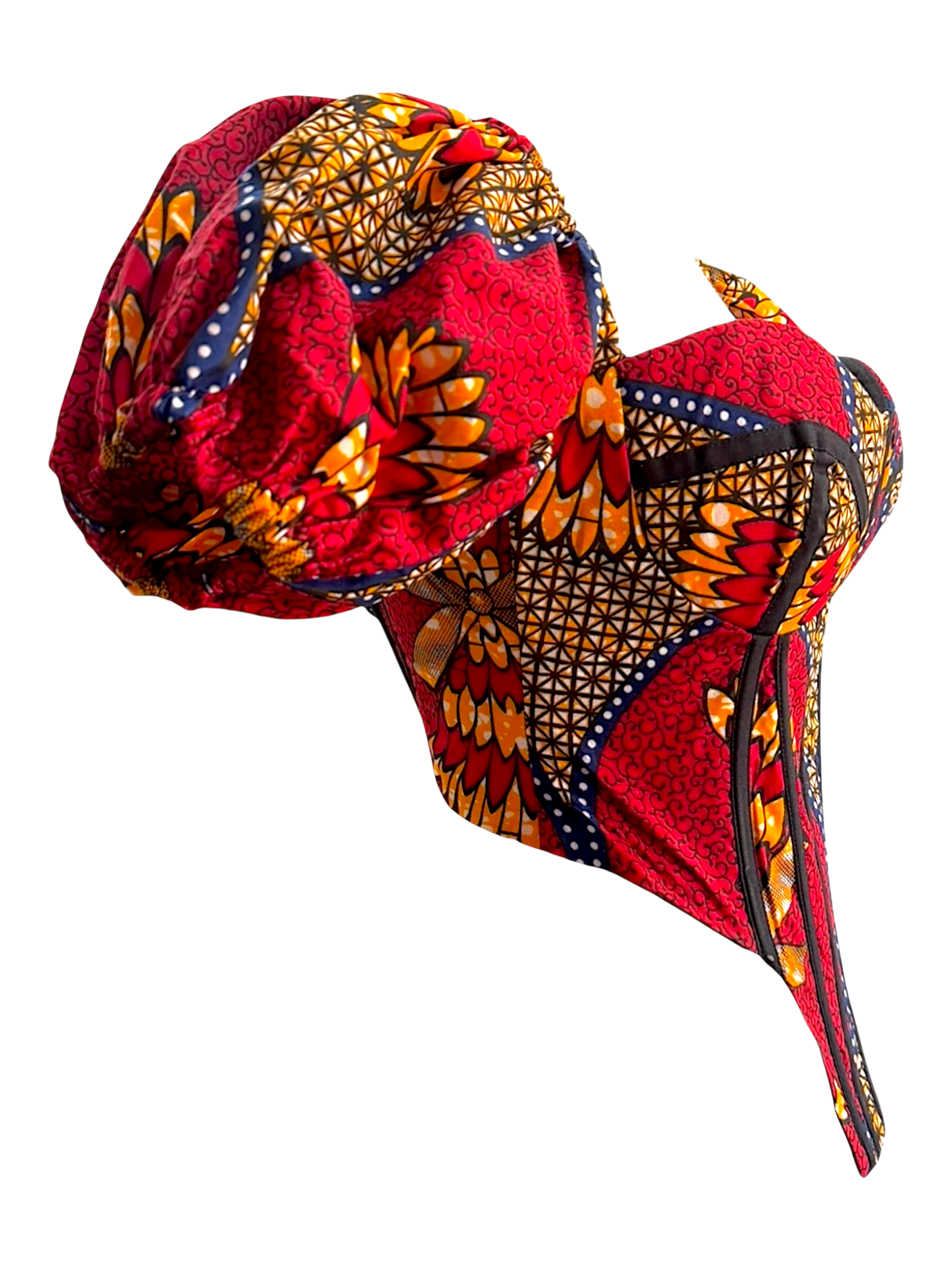 Cherry Ankara red corset top with sleeves in 100% cotton wax fabric with structured boning, side front view.