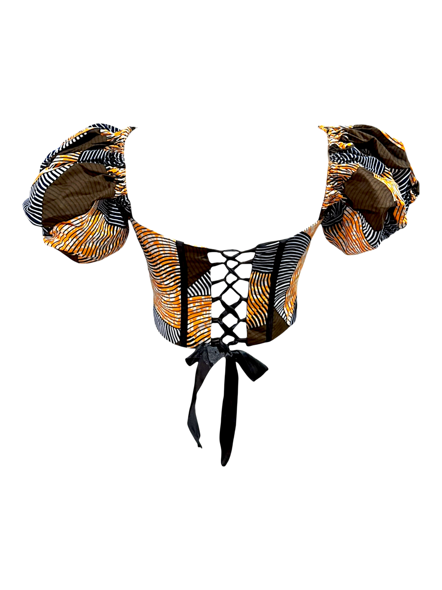 Peach Ankara corset top with sleeves in 100% cotton wax fabric with structured boning with lace up look back with ribbon tie, back view.