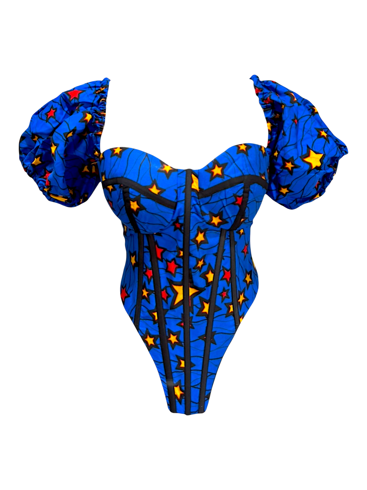 A costume inspired by Superman's logo, featuring a blue bodysuit with red and yellow star patterns, large puffy sleeves, and a high-cut bottom, all set against a black background.
