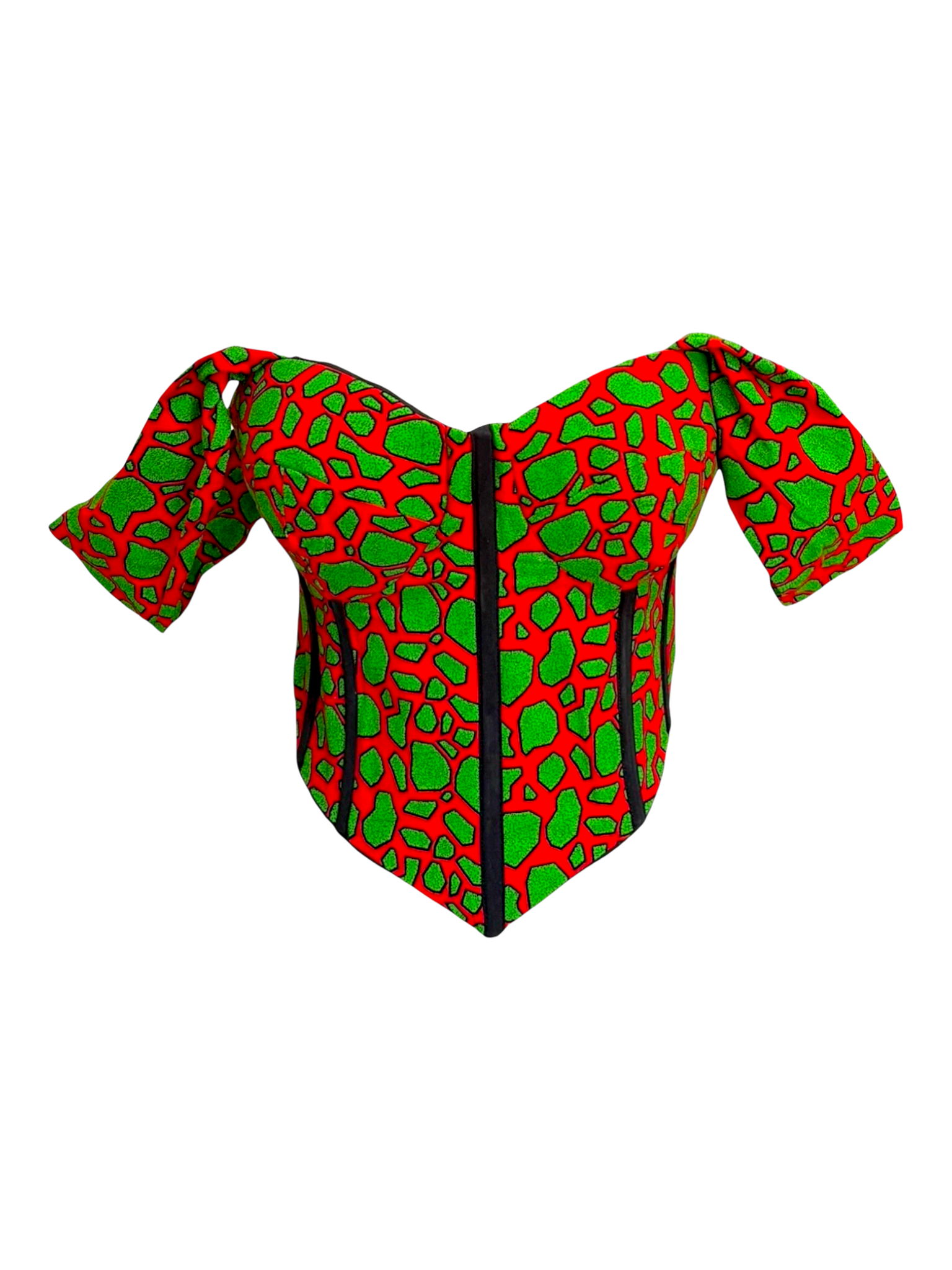 A jacket with a green and red animal print pattern, black accents, and a front zipper, displayed against a black background.