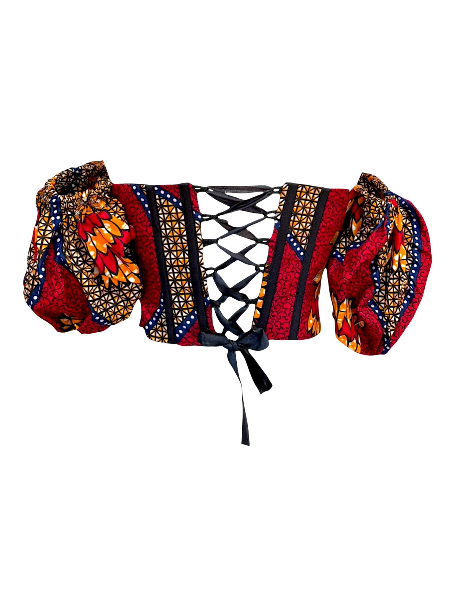 Cherry Ankara red corset top with sleeves in 100% cotton wax fabric with structured boning and lace up back with ribbon tie for a crisscross effect, back angled view.
