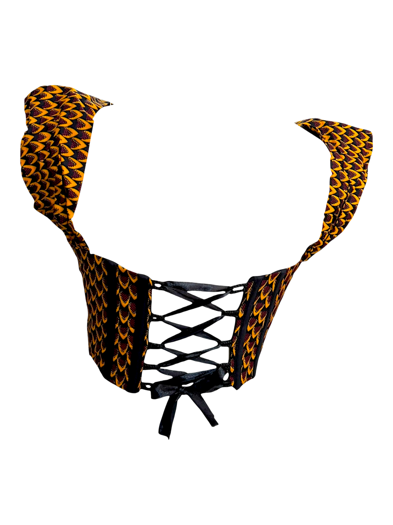 Sunflower yellow Ankara capped sleeve corset top in 100% cotton wax fabric with structured boning, back view, sleeves up.