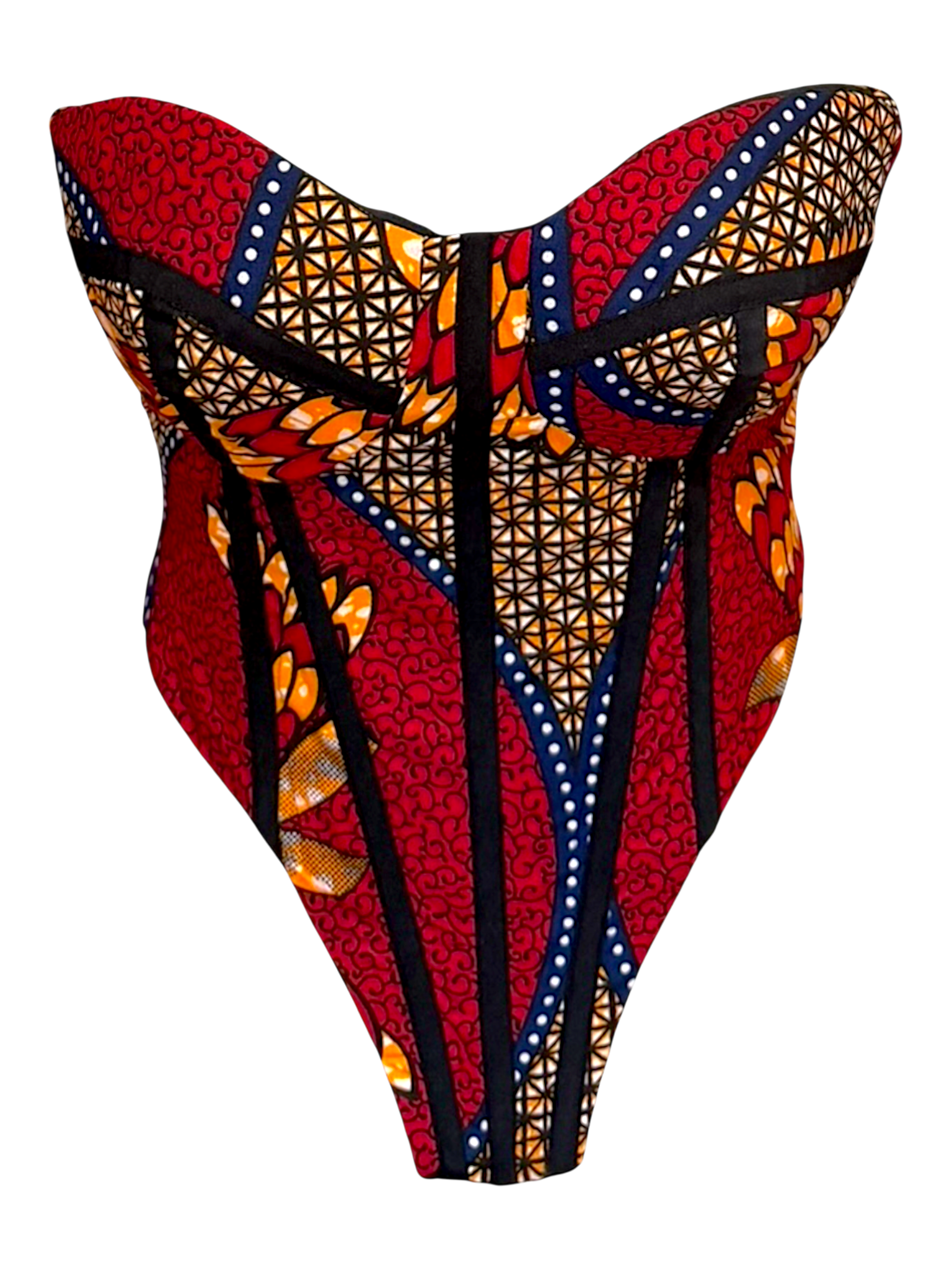 Cherry Ankara red corset top with sleeves tucked in for a sleeveless lookin 100% cotton wax fabric with structured boning, front view.