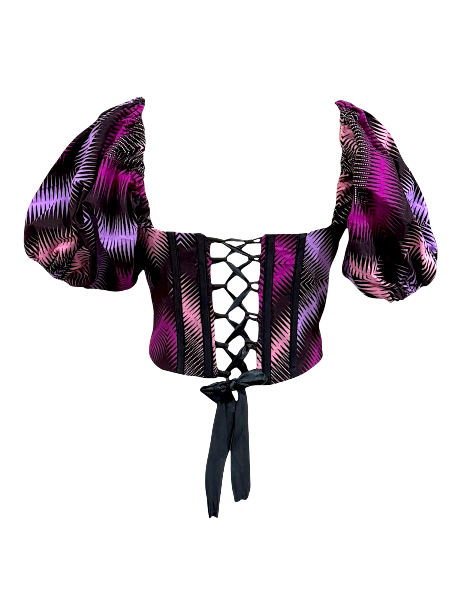 Lavender purple Ankara corset top with attached capped sleeves in 100% cotton wax fabric with structured boning and lace up back look with ribbon tie, back view.