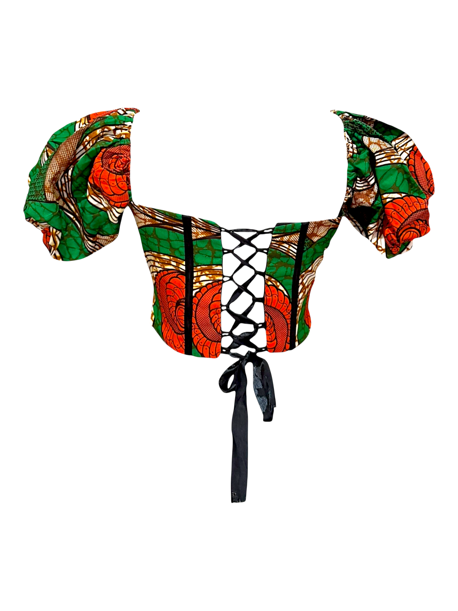 Wildflower Ankara corset top with sleeves in 100% cotton wax fabric with structured boning, lace up back look with ribbon tie, back view, sleeves placed side by side.