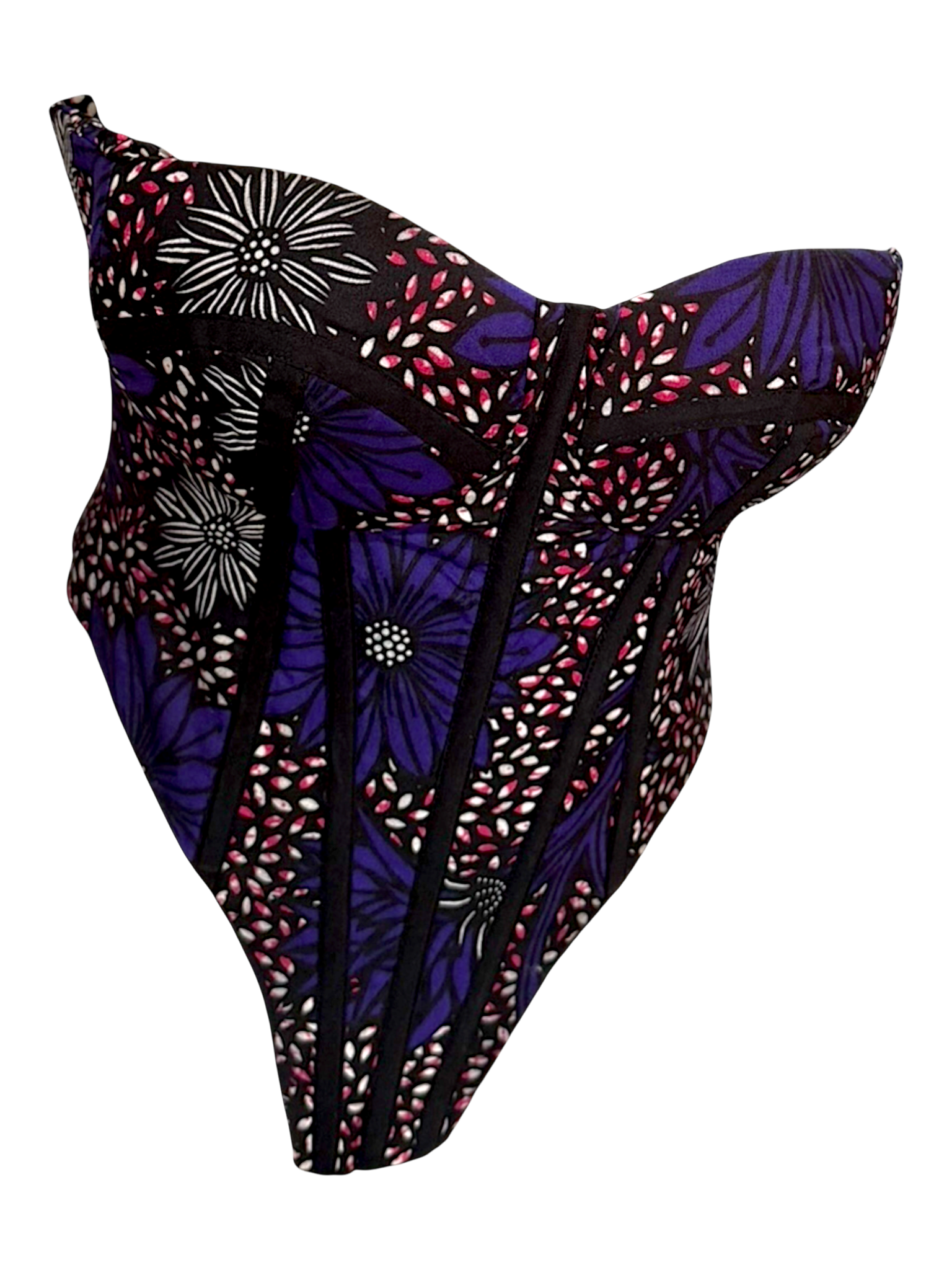 Mulberry vibrant purple Ankara corset top with sleeves tucked in for a sleeveless look in 100% cotton wax fabric with structured boning, front angledview.