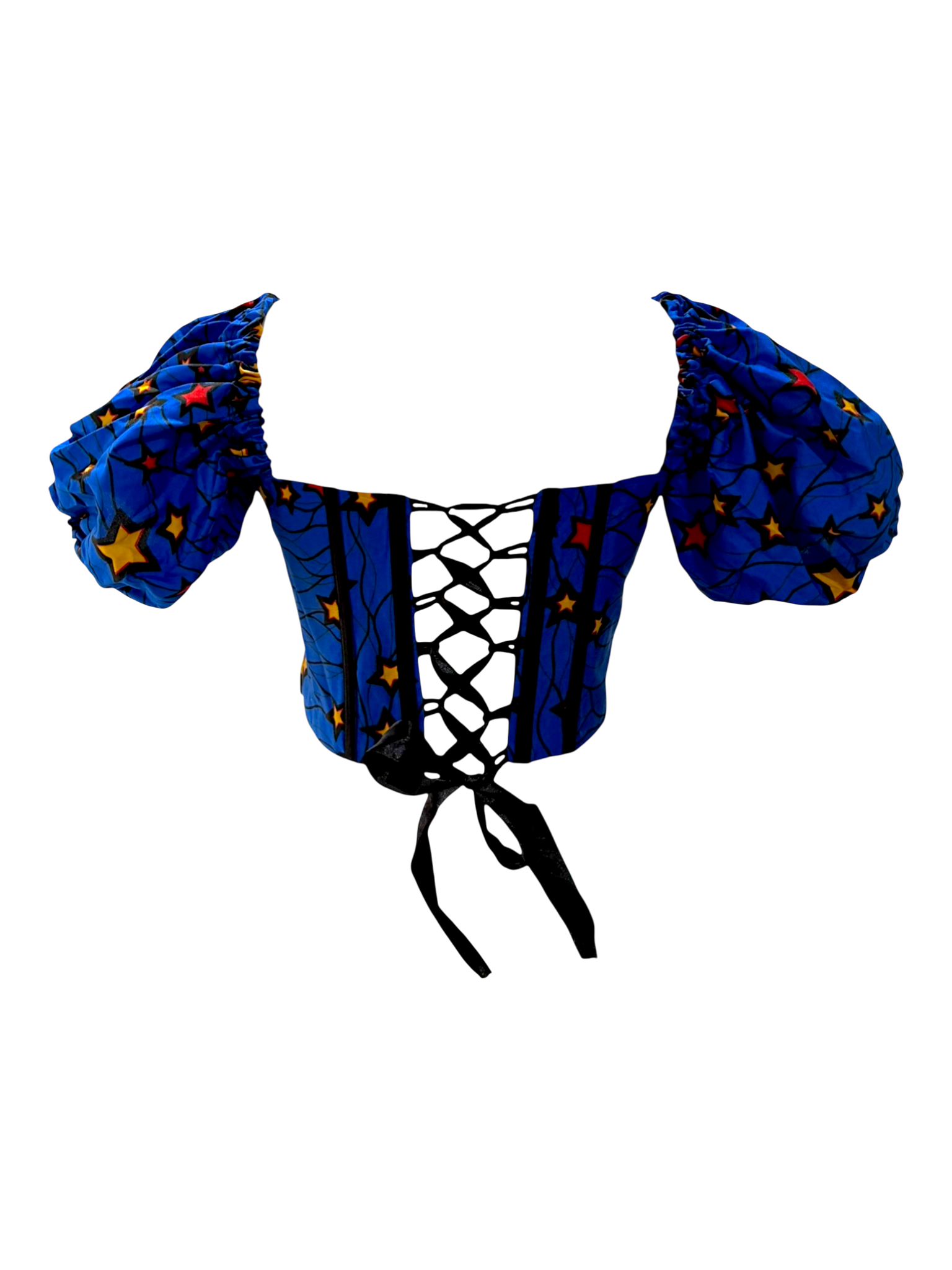 Midnight vibrant blue Ankara corset top with sleeves in 100% cotton wax fabric with structured boning and lace up back look with ribbon tie, back view, sleeves up.