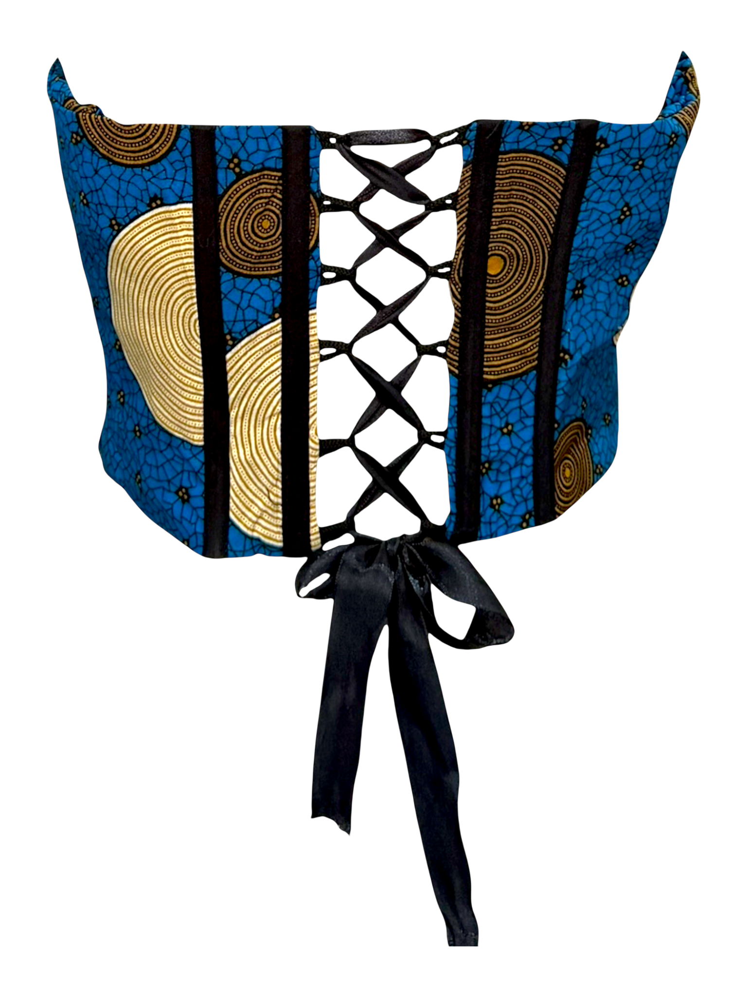 Sapphire blue Ankara corset top with sleeves tucked in for a sleeveless look in 100% cotton wax fabric with structured boning with lace up back view with ribbon tie, back angled view.