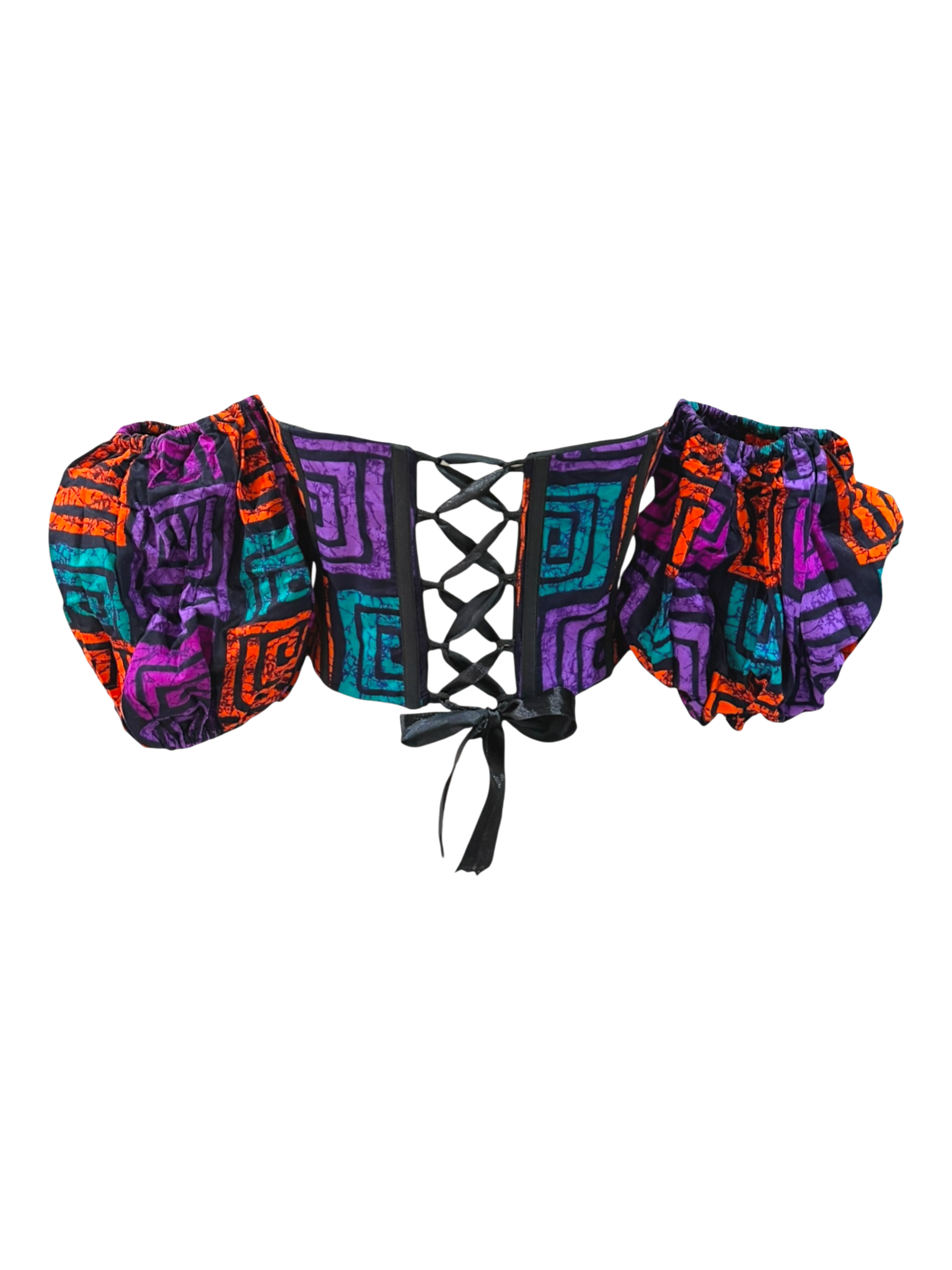Lilac Ankara detachable sleeve corset top in 100% cotton wax fabric with structured boning with lace up back style with ribbon tie, back view.