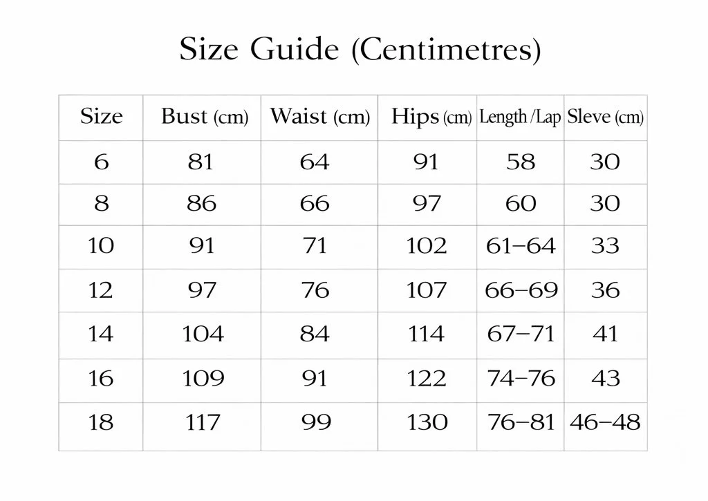 Table titled 'Size Guide (Centimetres)' showing measurements for different clothing sizes, including bust, waist, hips, length/lap, and sleeve in centimeters.