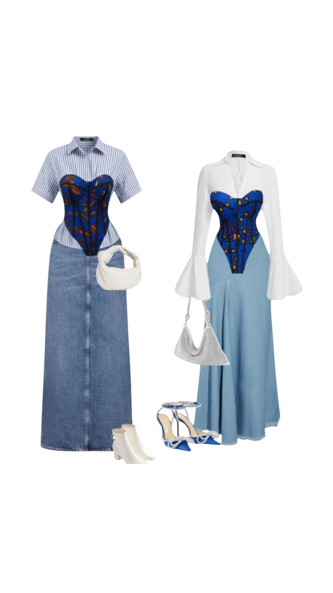 Two mannequins dressed in contrasting outfits featuring blue and white color schemes, accessorized with handbags and shoes.