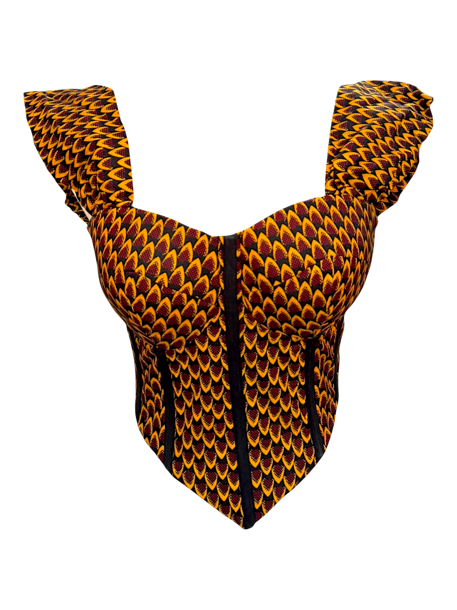 Sunflower yellow Ankara capped sleeve corset top in 100% cotton wax fabric with structured boning, front view, sleeves are standing up.