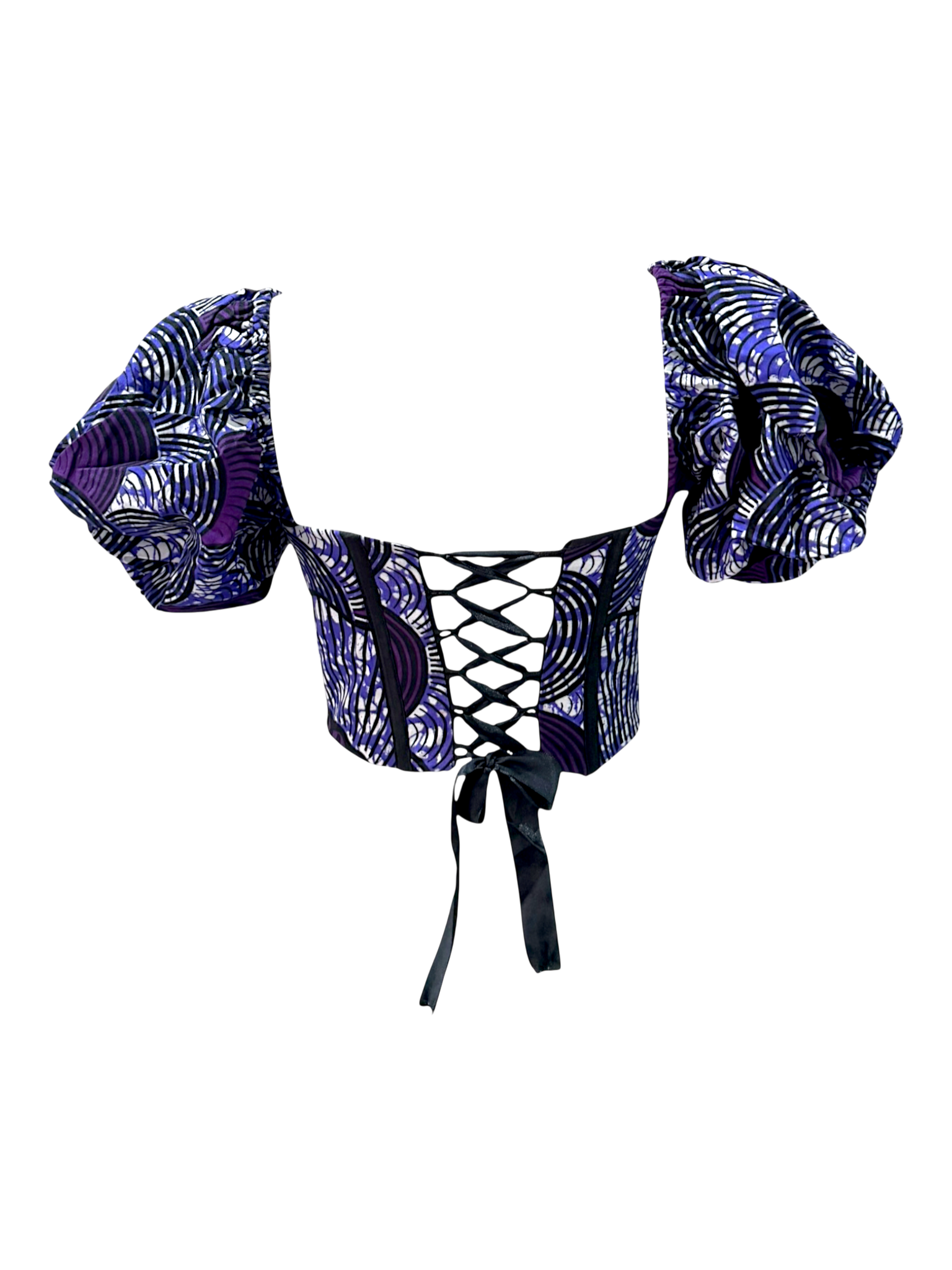 Violet purple Ankara corset top with sleeves in 100% cotton wax fabric with structured boning and lace up criss cross back with ribbon tie, back view.
