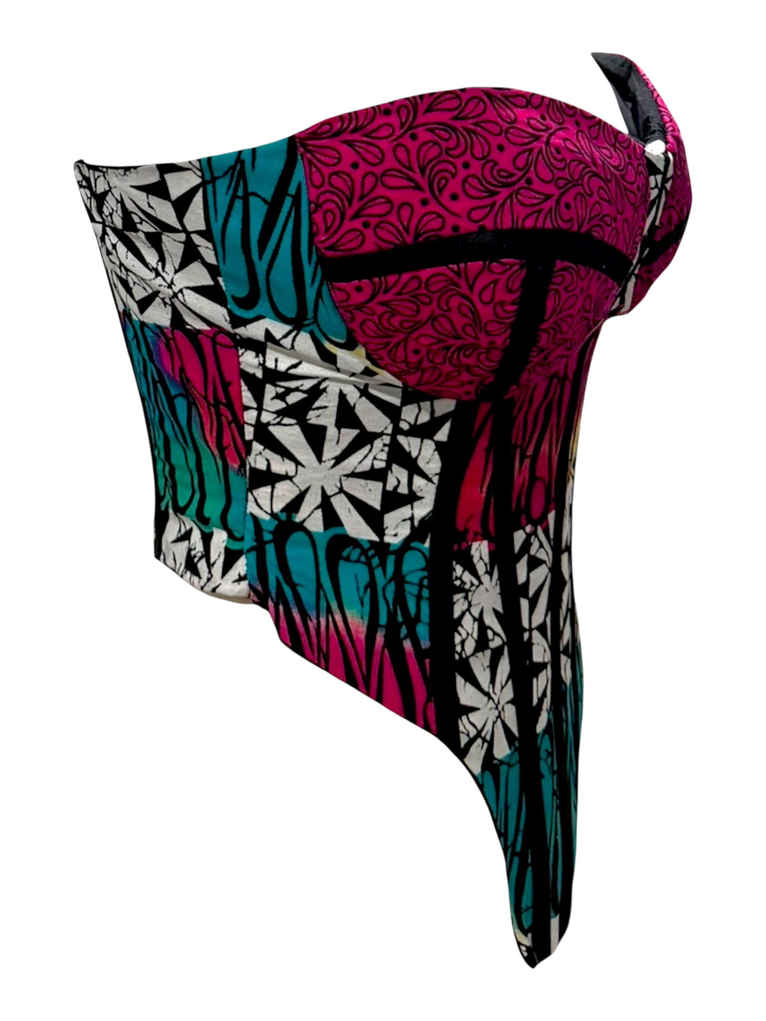 Bloom pink Ankara detachable sleeve corset top in sleeveless look in 100% cotton wax fabric with structured boning, front side view.