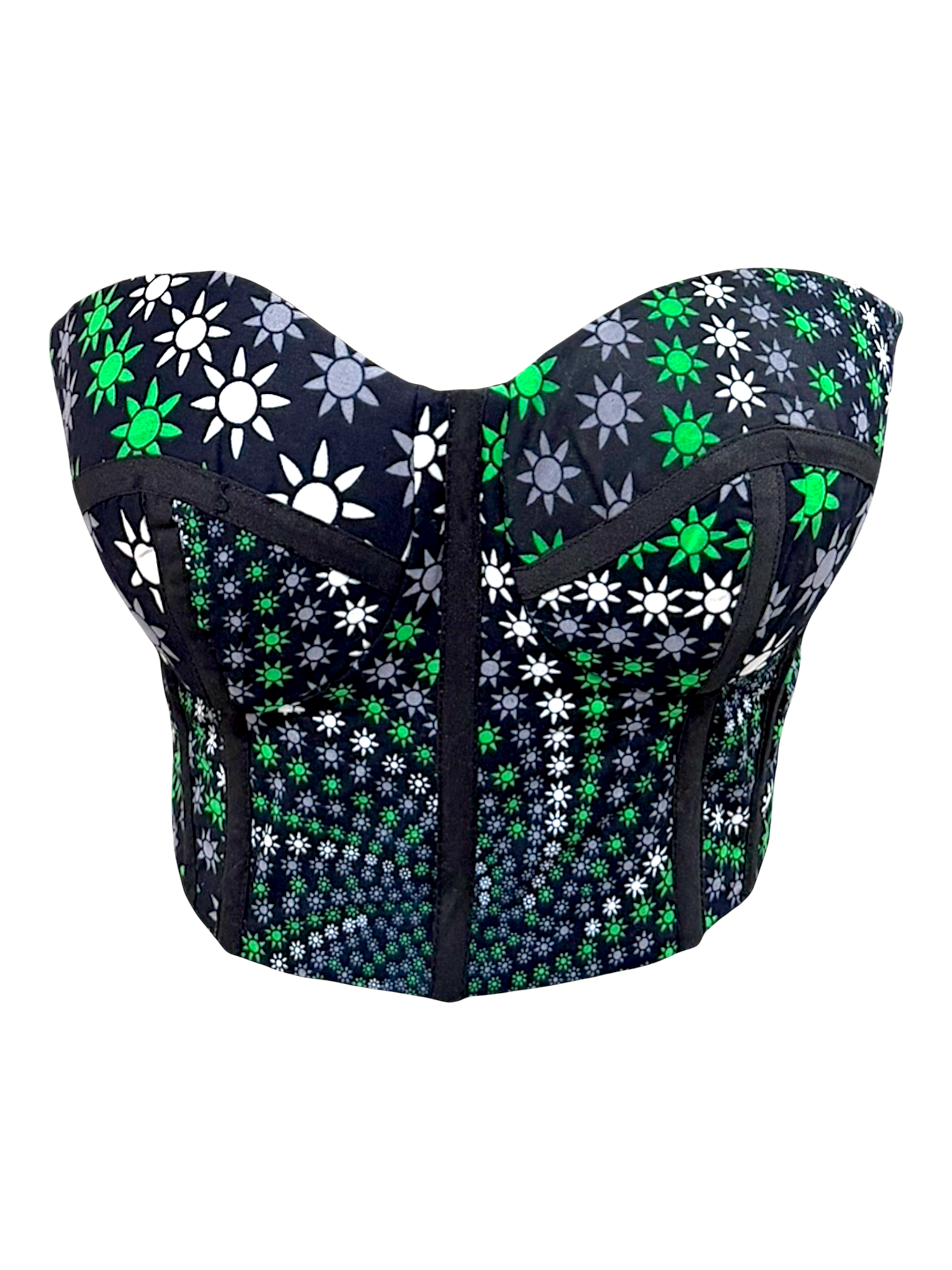 A floral-patterned LED lit corset with a black background and white, gray, and green flower designs.