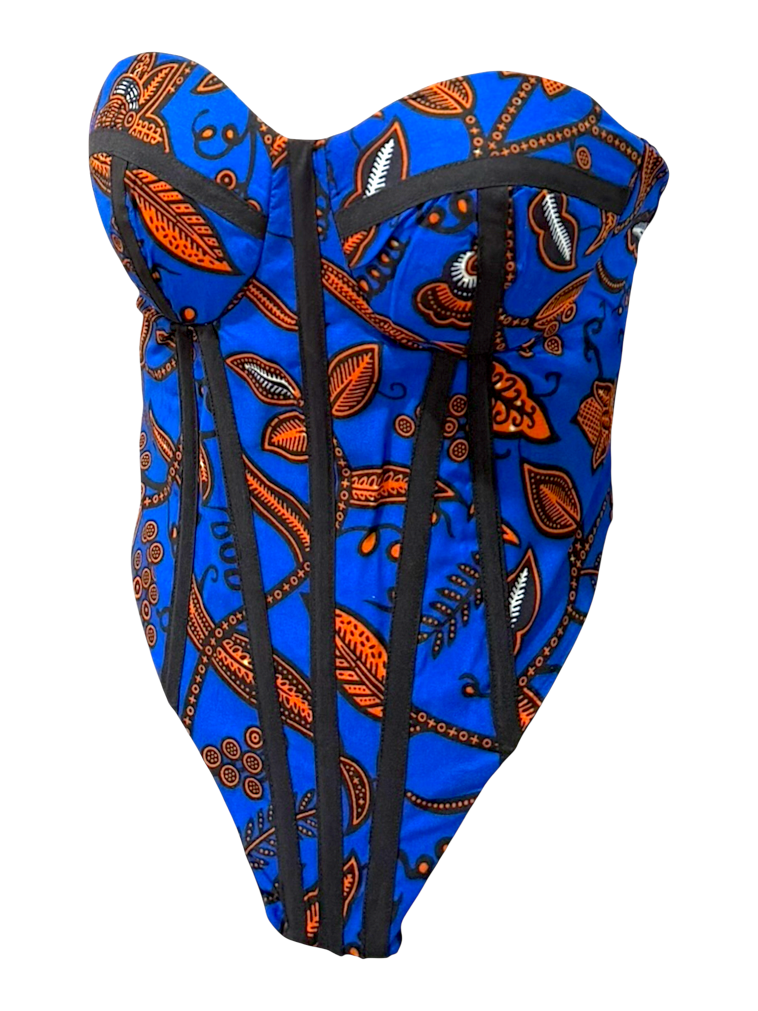 Pacific Ankara blue corset top with sleeves tucked in for a sleeveless look in 100% cotton wax fabric with structured boning, front angledview.
