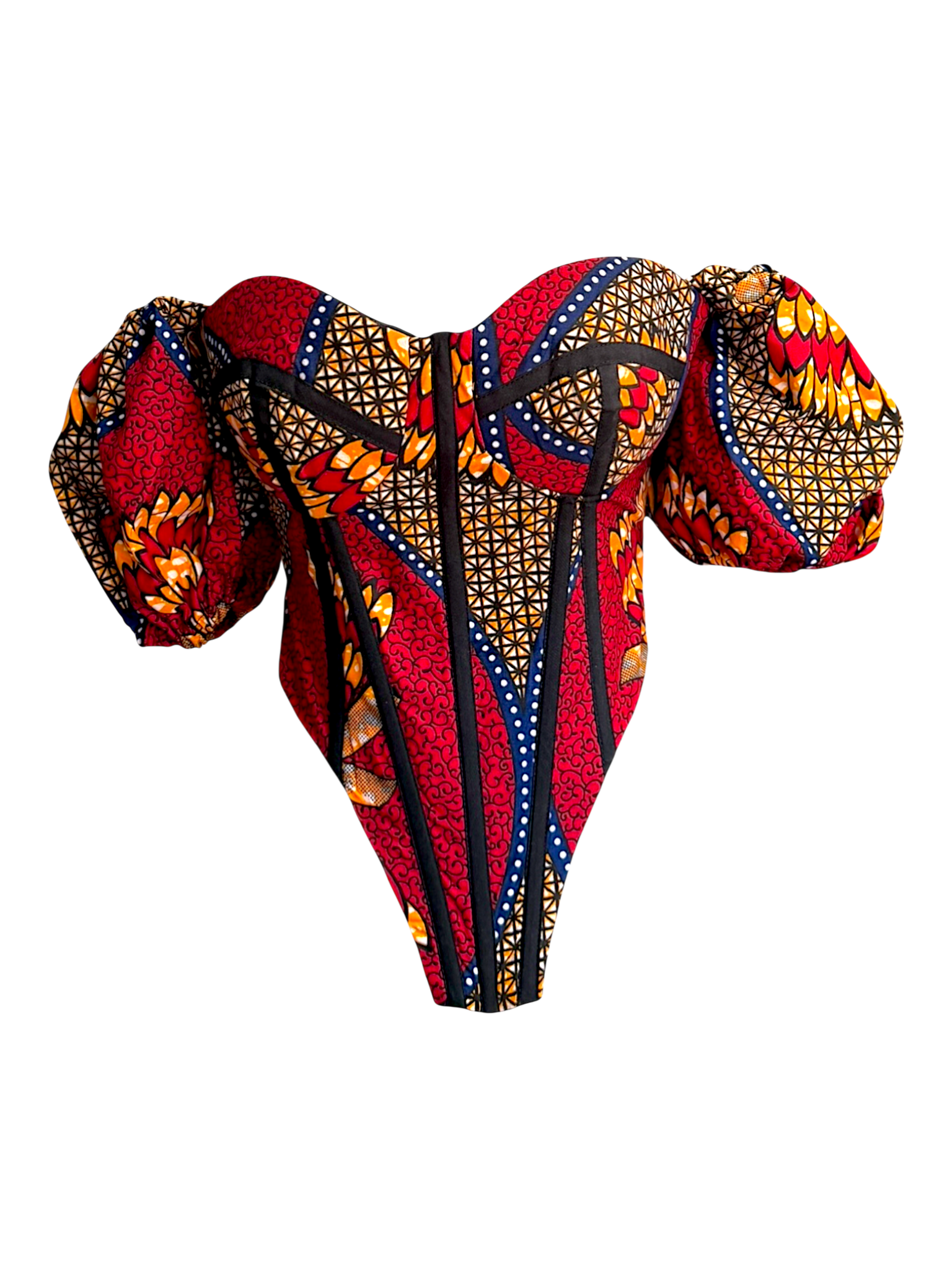 Cherry Ankara red corset top with sleeves in 100% cotton wax fabric with structured boning and sleeves attached to both sides, front view.