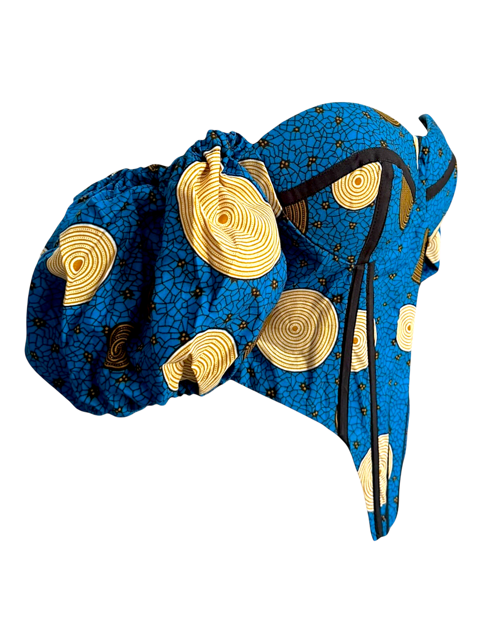 Sapphire blue Ankara corset top with sleeves in 100% cotton wax fabric with structured boning, side view.