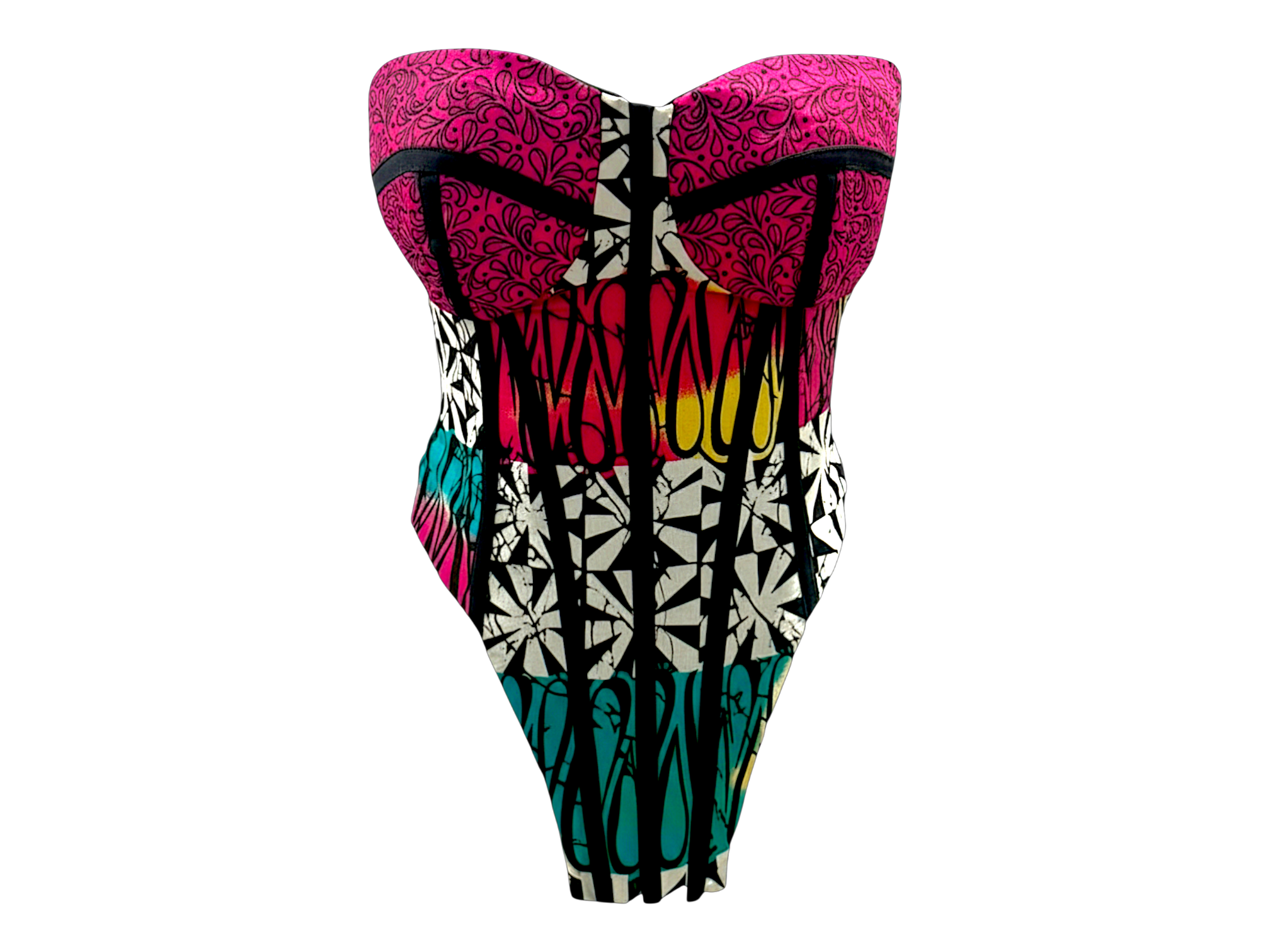 Colorful abstract depiction of a shark, featuring pink, red, yellow, white, turquoise, and black patterns on a black background.