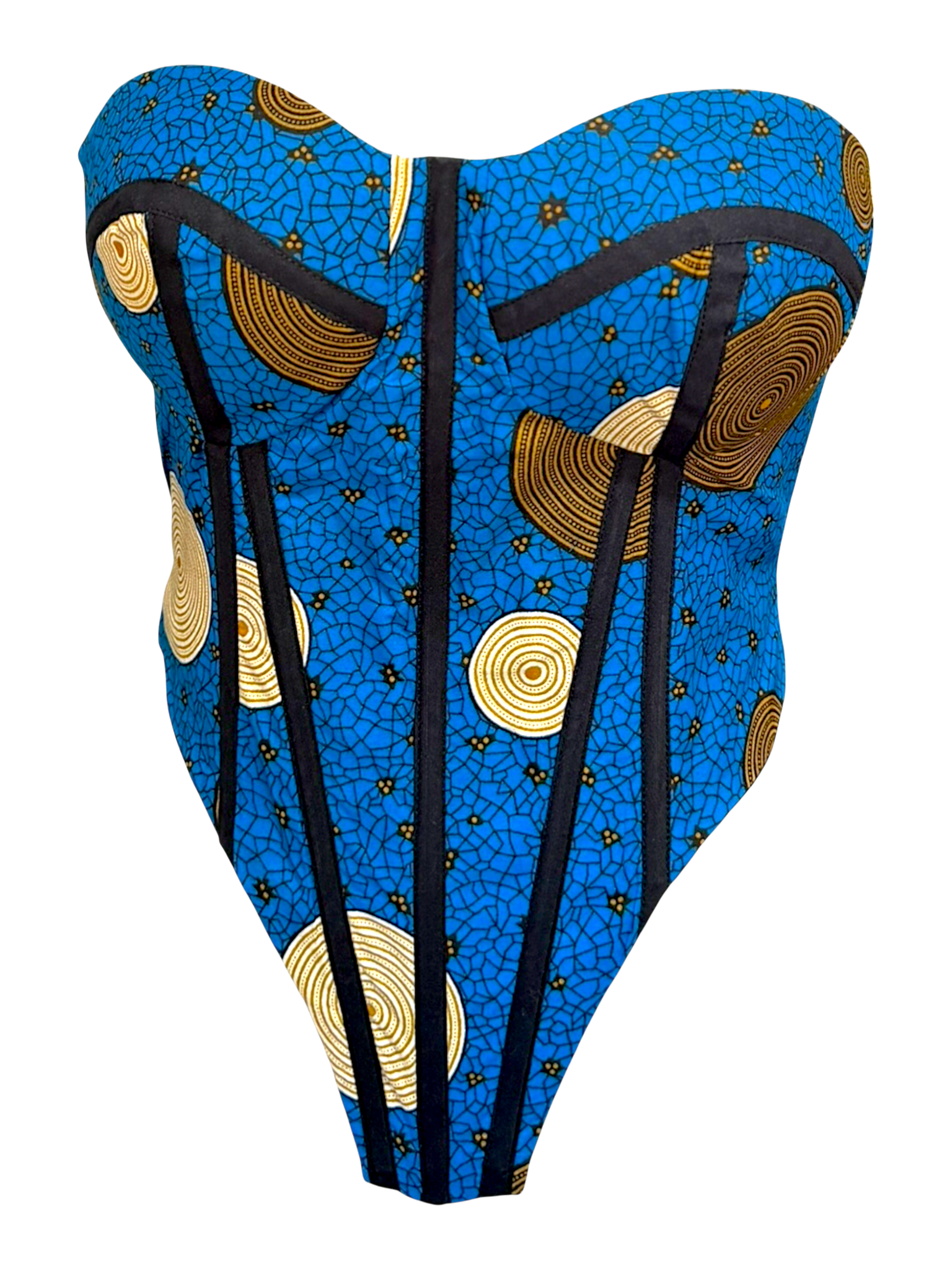 Sapphire blue Ankara corset top with sleeves tucked in for a sleeveless look in 100% cotton wax fabric with structured boning, front view.