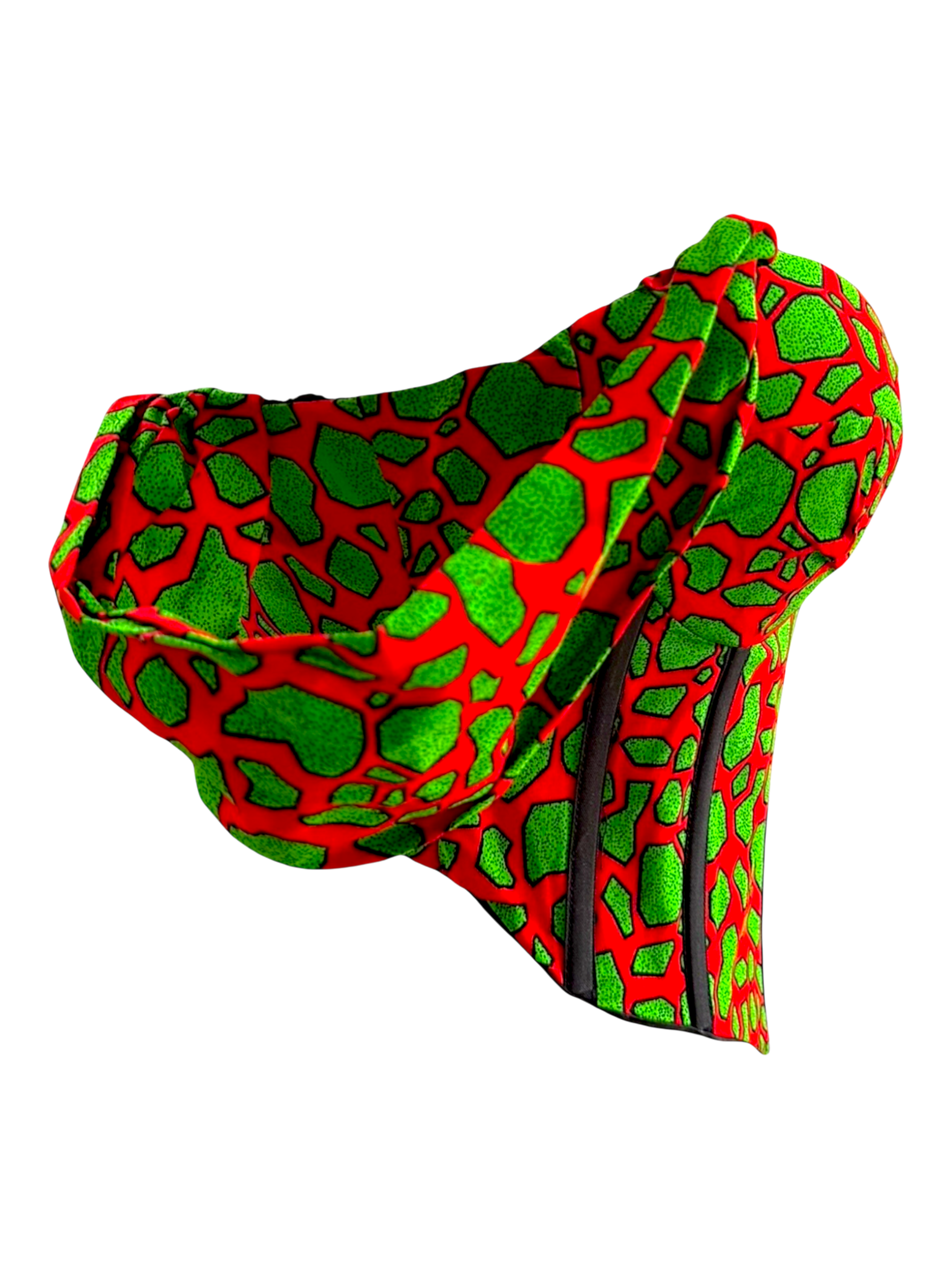 Pistachio red Ankara capped sleeve corset top in 100% cotton wax fabric with structured boning, angle view.