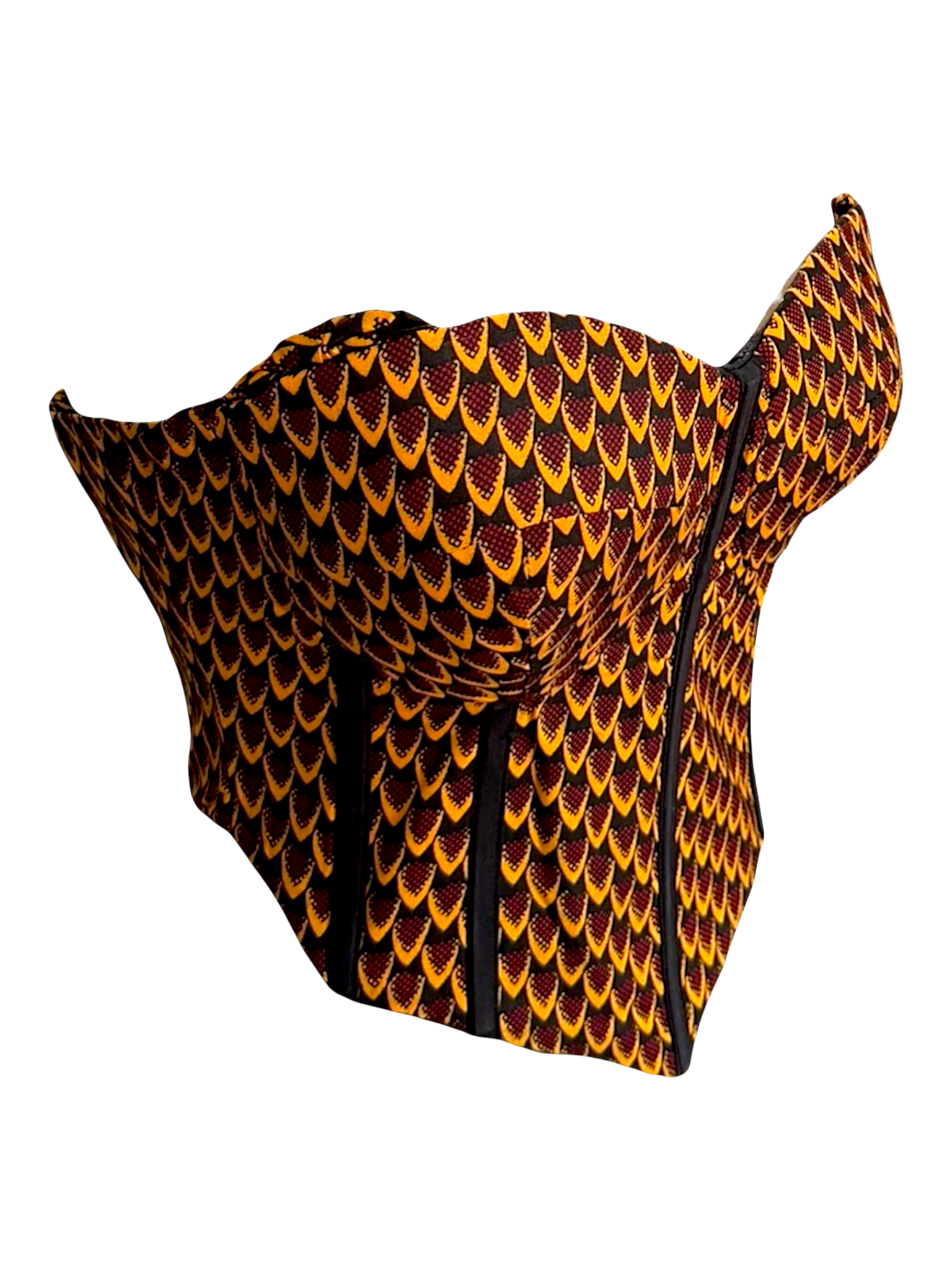 Sunflower yellow Ankara capped sleeve corset top in 100% cotton wax fabric with structured boning, sleeves are tucked in for sleeveless look, side angle view.