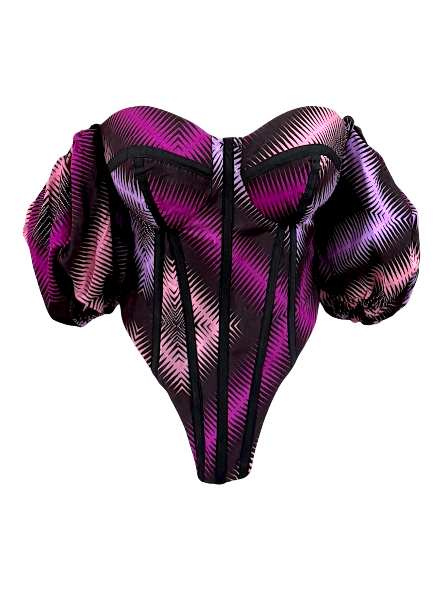 Lavender purple Ankara corset top with attached capped sleeves in 100% cotton wax fabric with structured boning, front view. sleeves down.