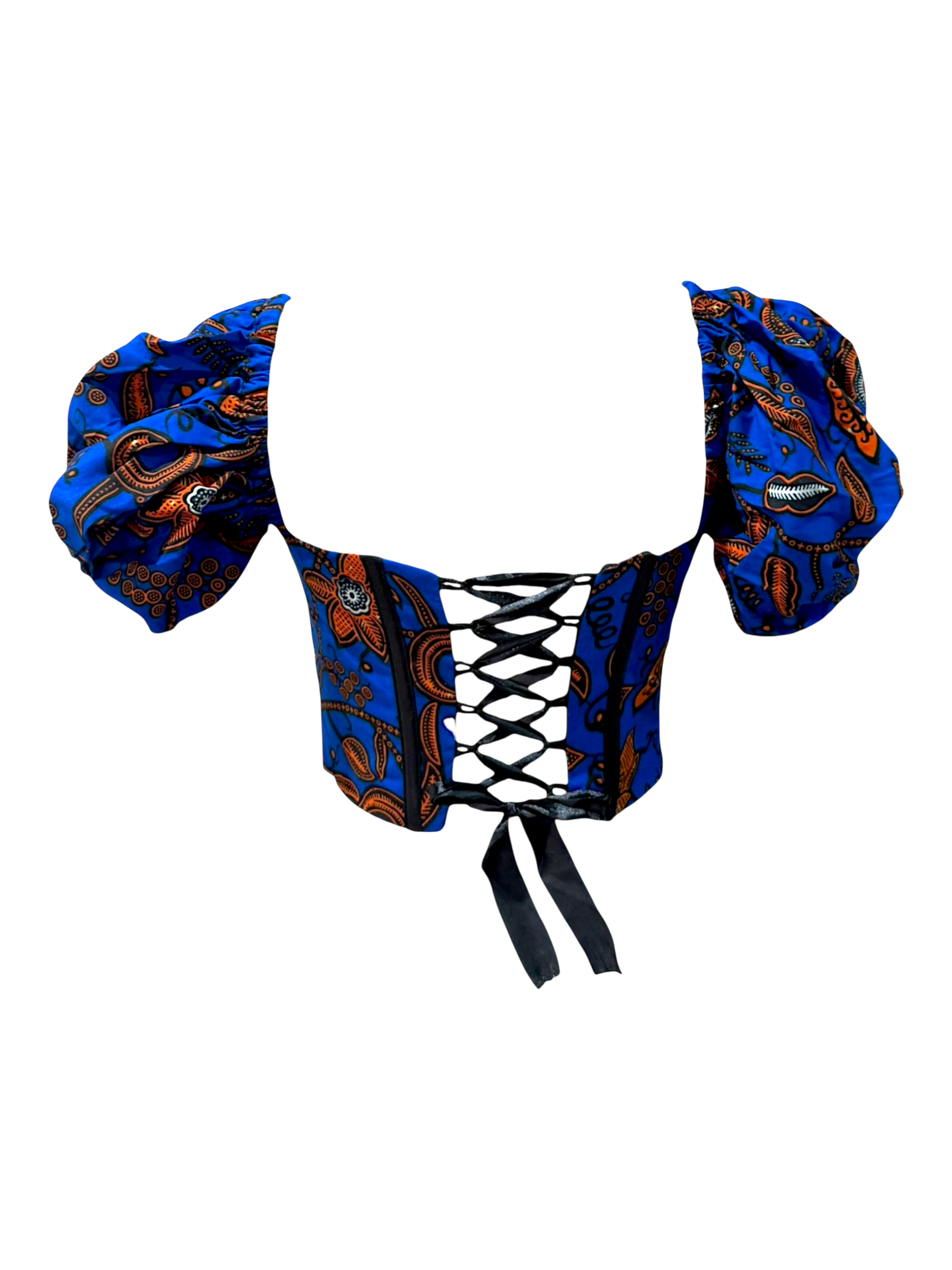 Pacific Ankara blue corset top with attached sleeves in 100% cotton wax fabric with structured boning with lace up back look with ribbon tie, back view.